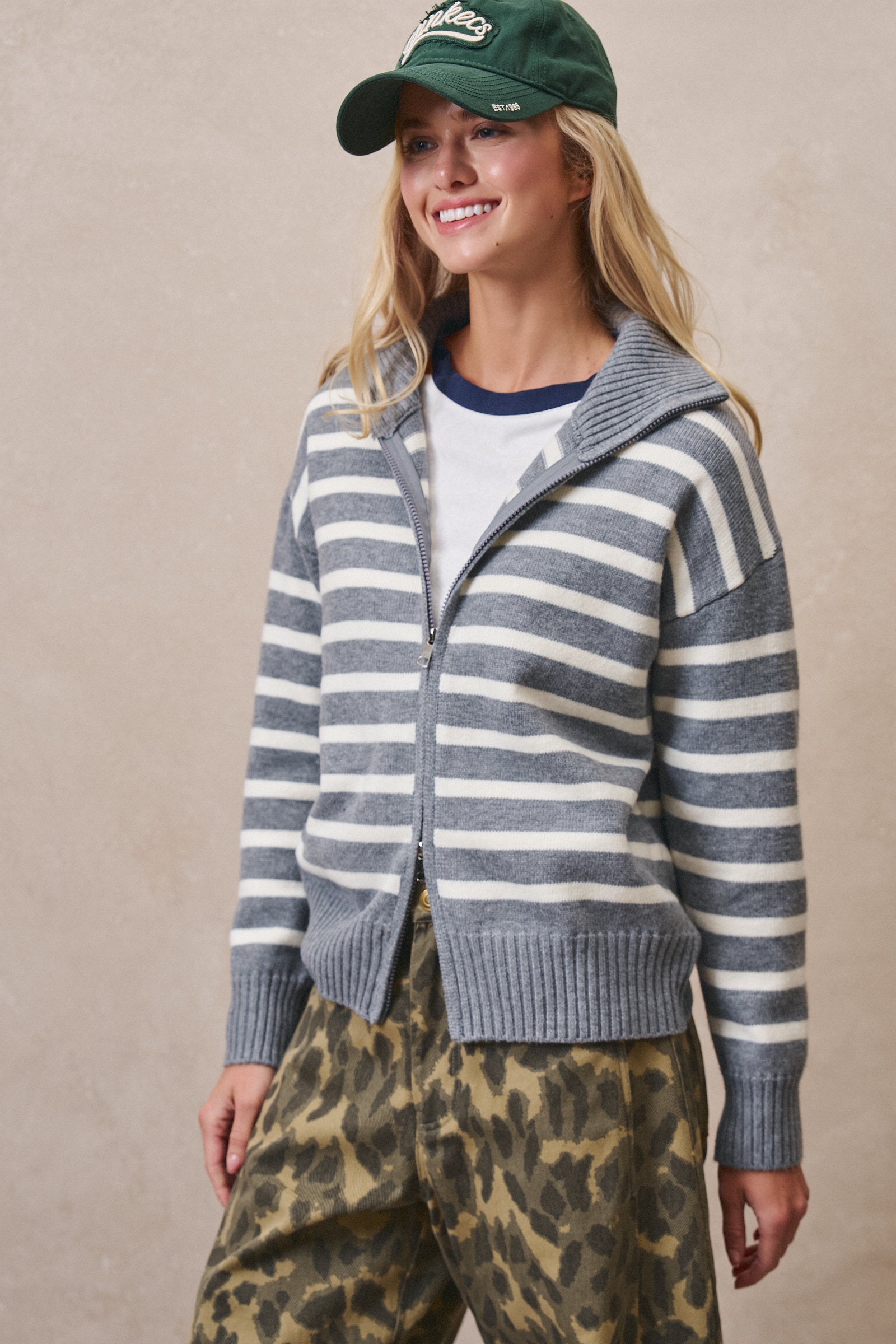 Striped Zip-Up Mock Neck Sweater in GREY IVORY - Women's Sweaters | Urban Daizy