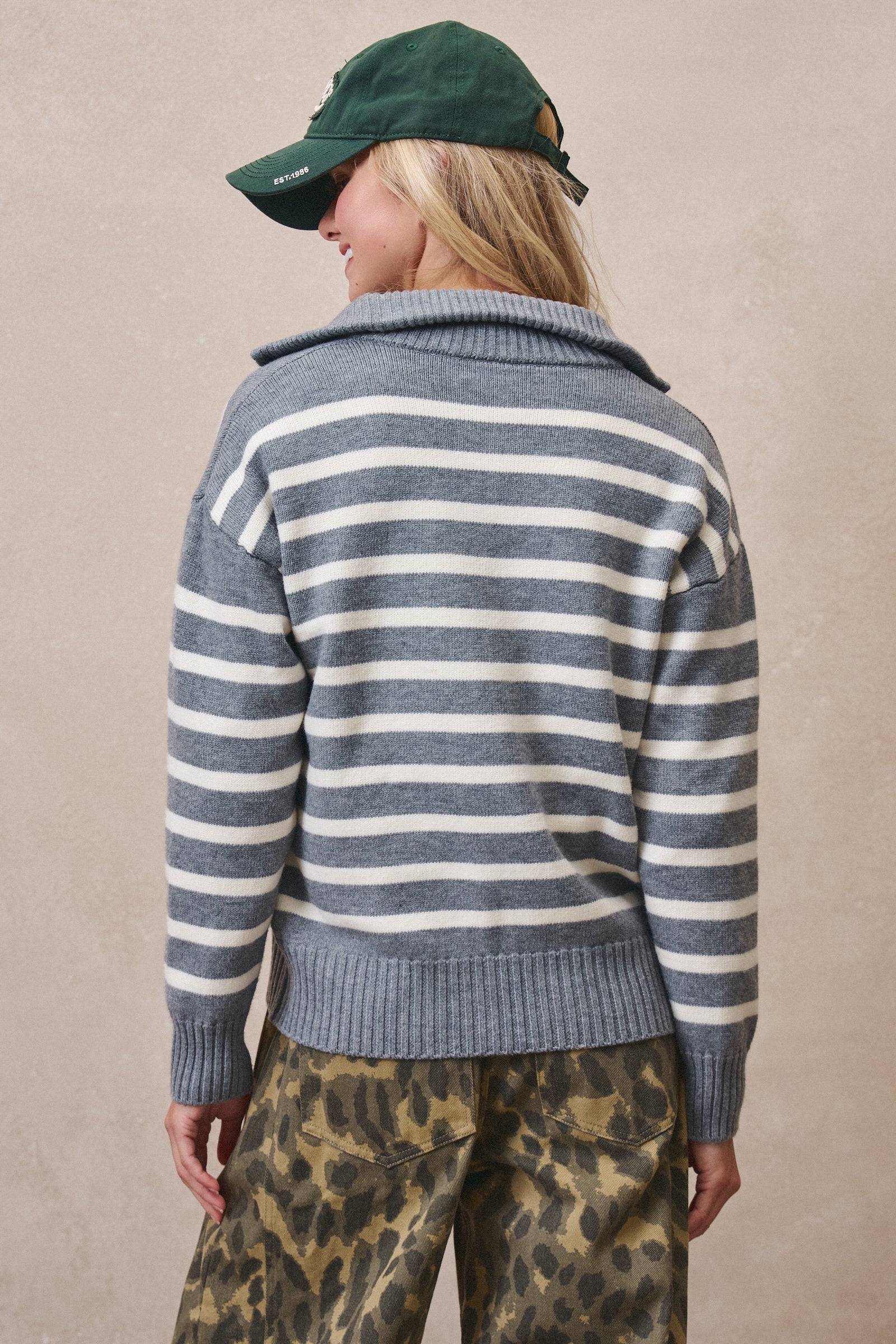 Striped Zip-Up Mock Neck Sweater in GREY IVORY - Women's Sweaters | Urban Daizy