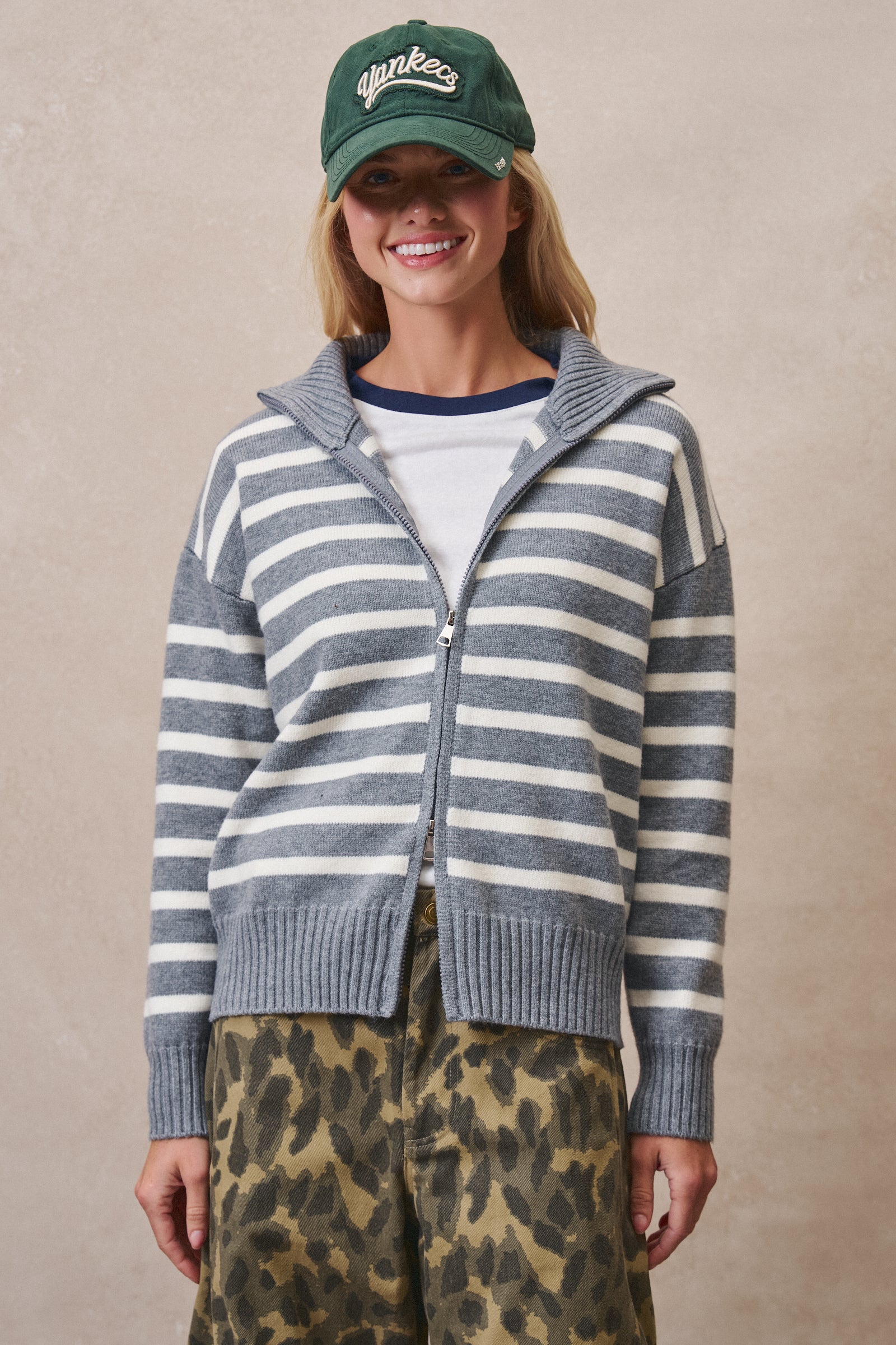 Striped Zip-Up Mock Neck Sweater in GREY IVORY - Women's Sweaters | Urban Daizy