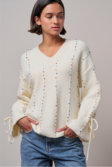 Multicolor Dot Stitch V-Neck Tie Sleeve Sweater