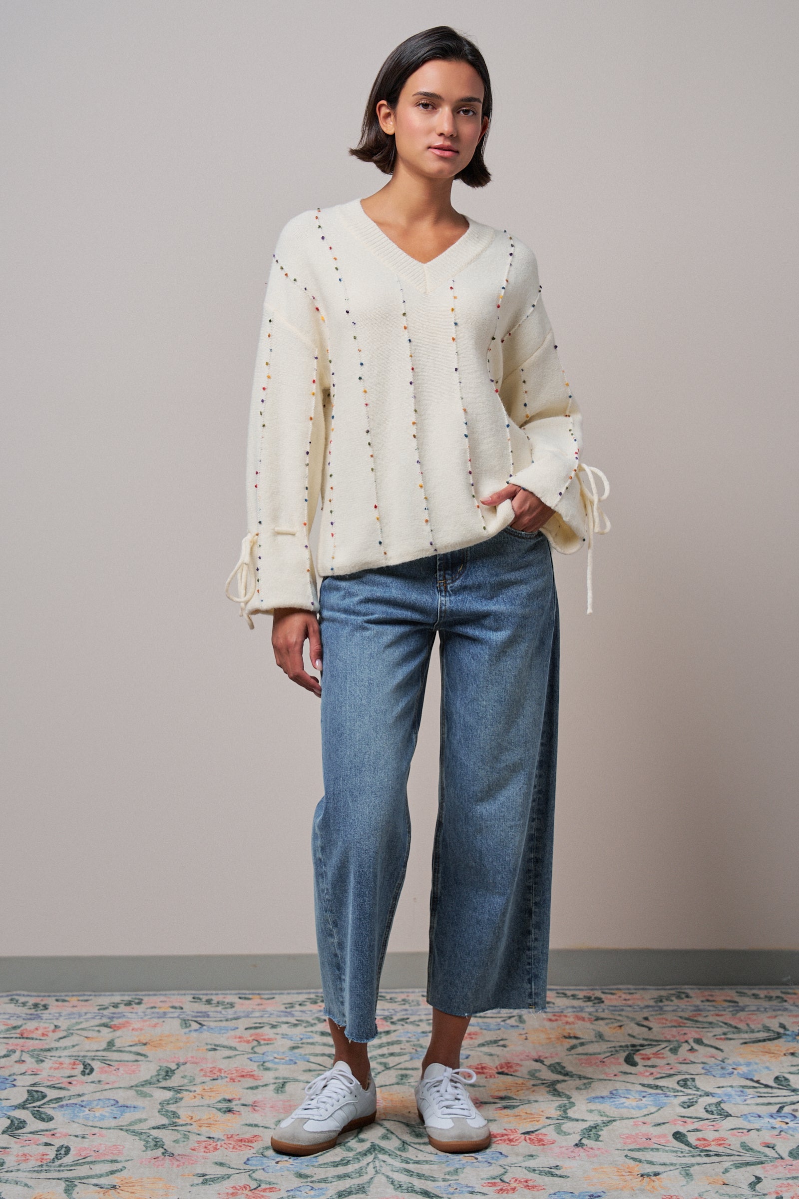 Colorful Dot Stitch V-Neck Tie Sleeve Sweater in IVORY - Women's Sweaters | Urban Daizy