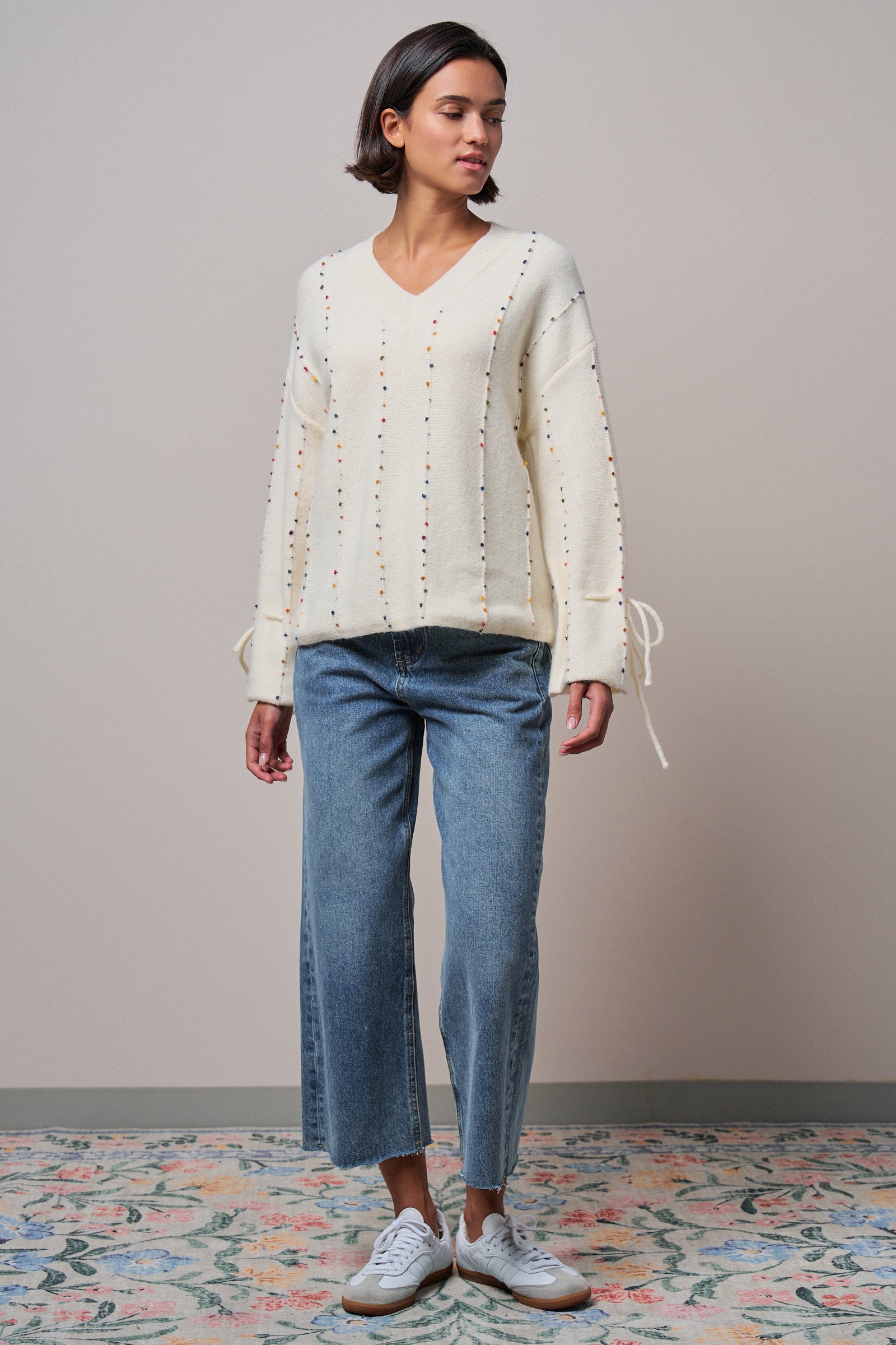 Colorful Dot Stitch V-Neck Tie Sleeve Sweater in IVORY - Women's Sweaters | Urban Daizy