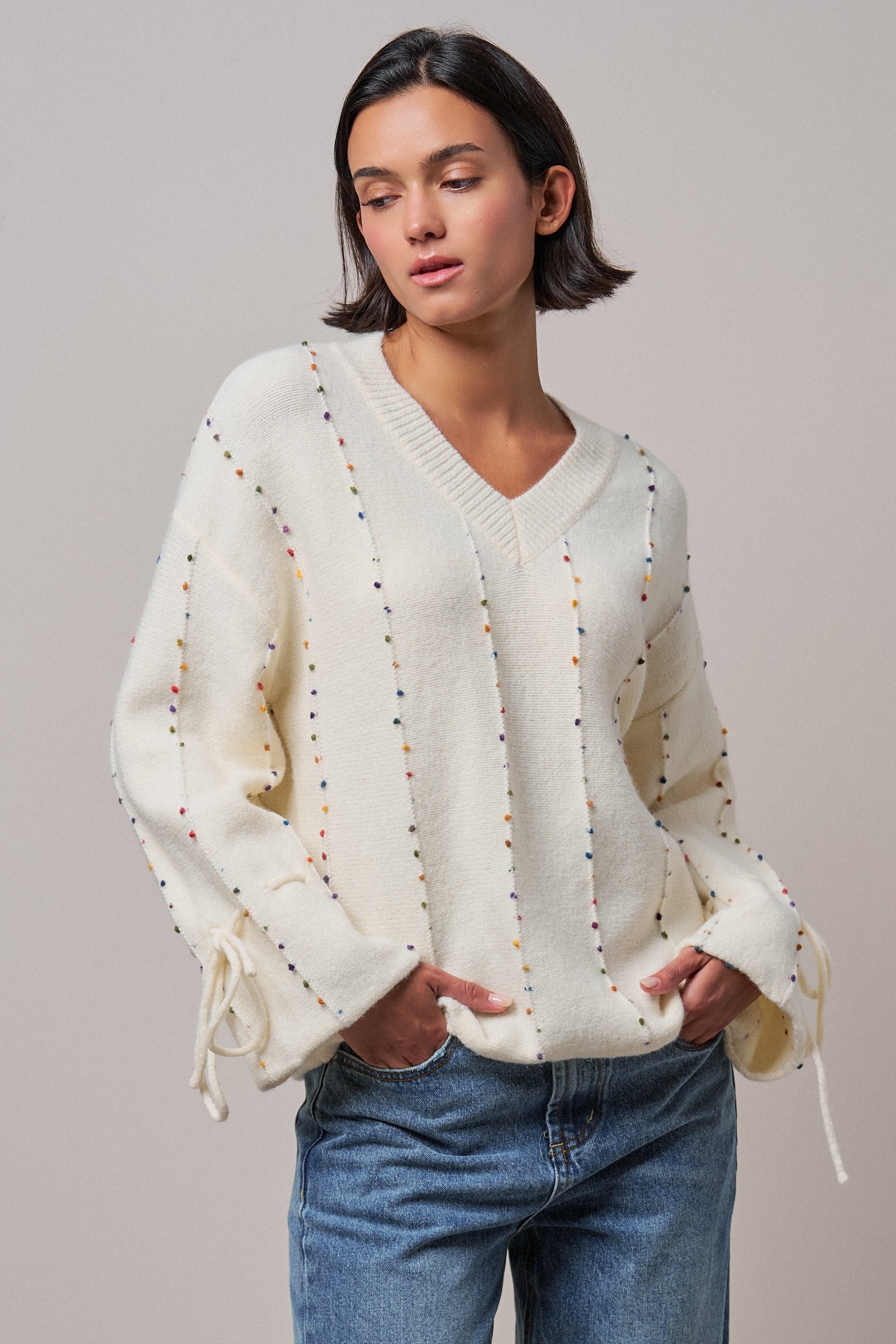 Colorful Dot Stitch V-Neck Tie Sleeve Sweater in IVORY - Women's Sweaters | Urban Daizy