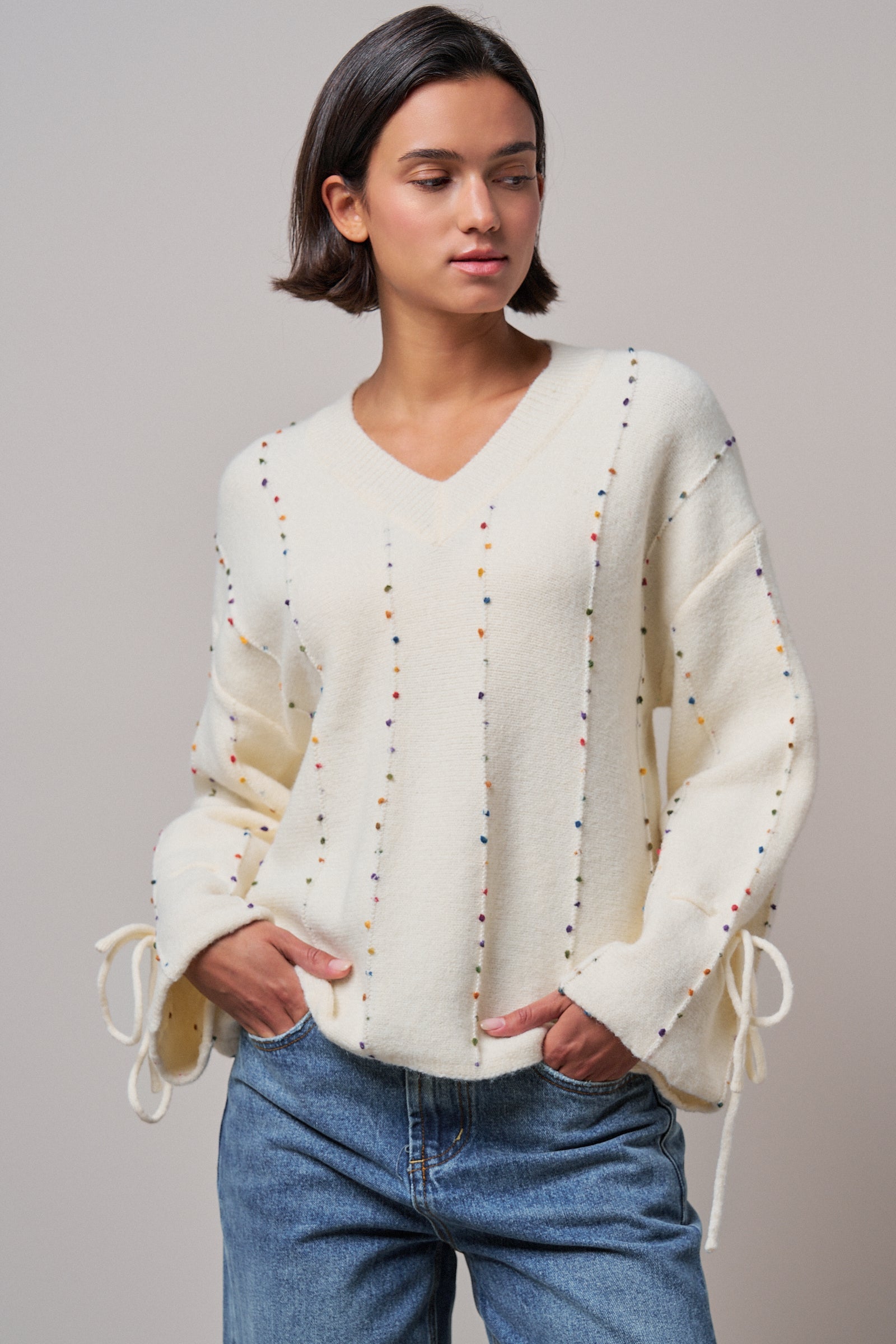Colorful Dot Stitch V-Neck Tie Sleeve Sweater - Women's Sweaters | Urban Daizy