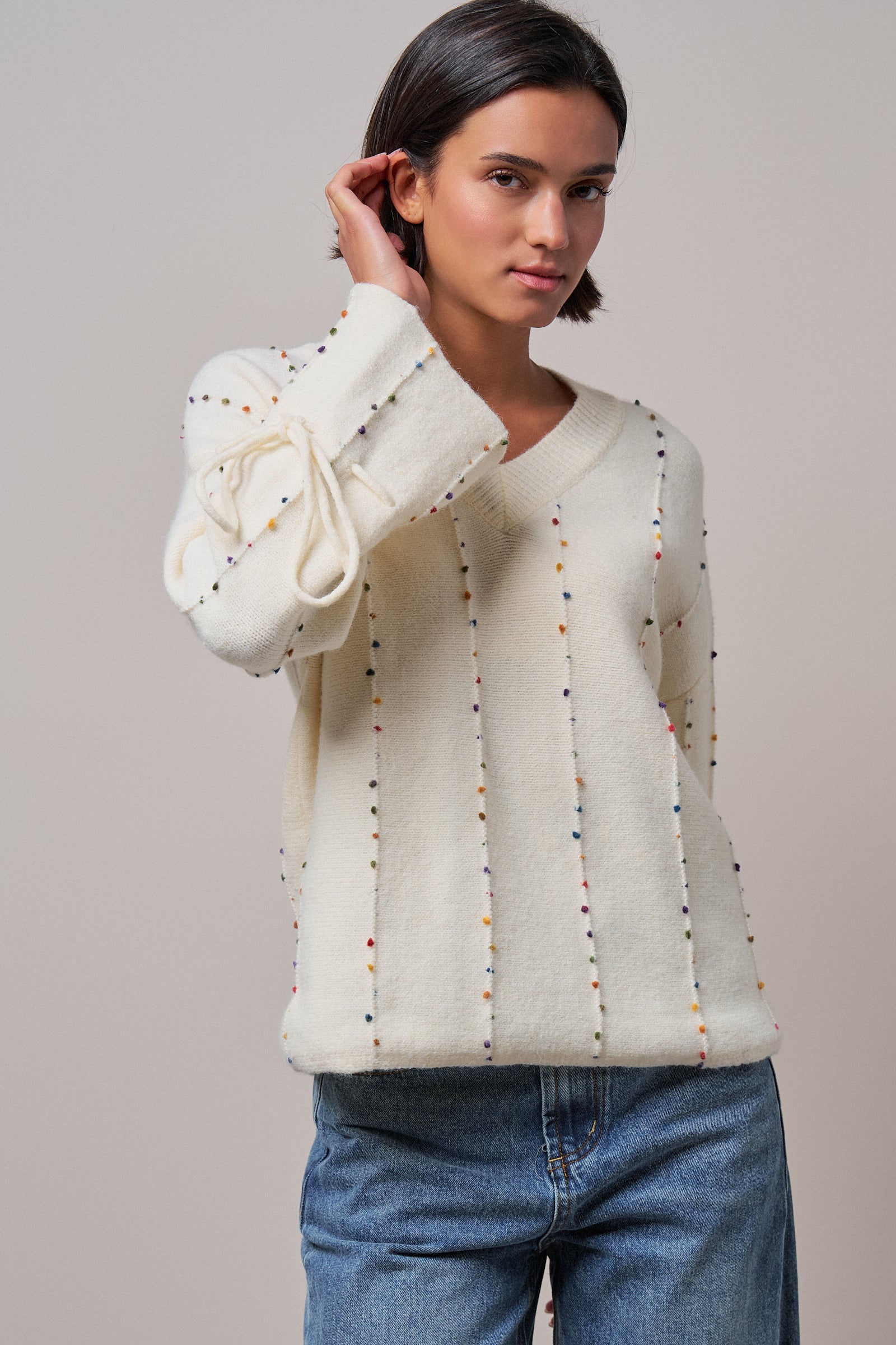 Colorful Dot Stitch V-Neck Tie Sleeve Sweater in IVORY - Women's Sweaters | Urban Daizy