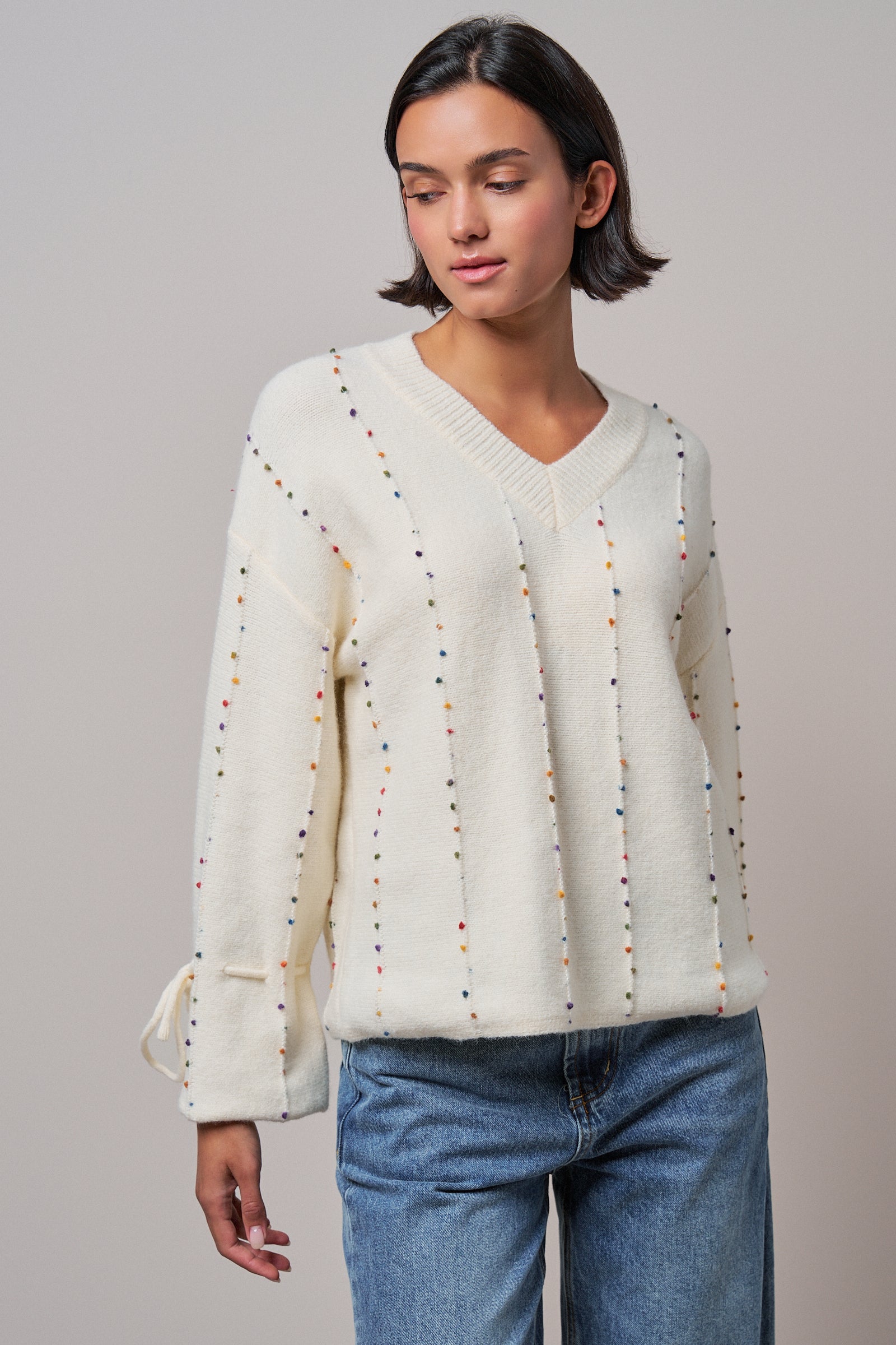Colorful Dot Stitch V-Neck Tie Sleeve Sweater in IVORY - Women's Sweaters | Urban Daizy