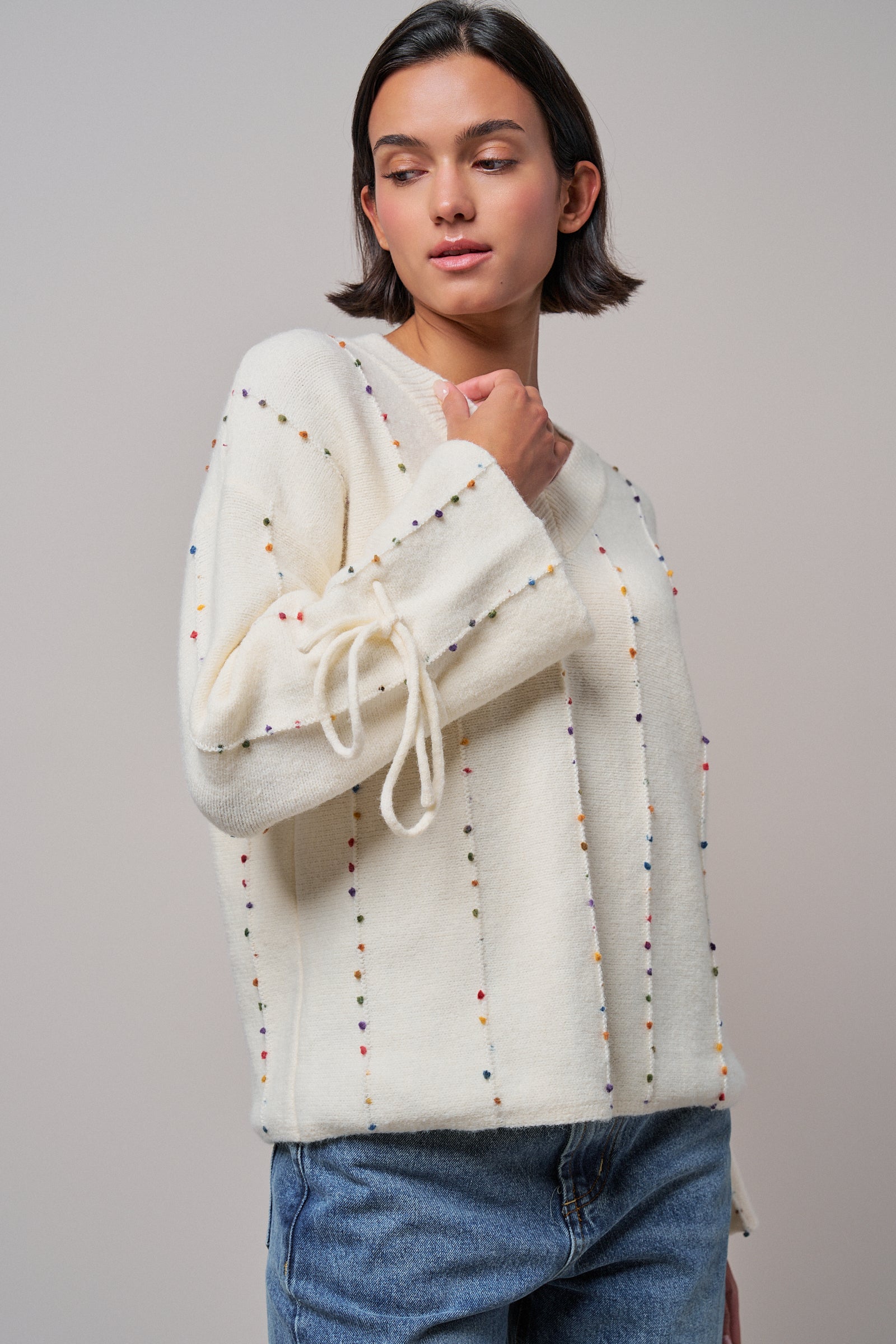 Colorful Dot Stitch V-Neck Tie Sleeve Sweater in IVORY - Women's Sweaters | Urban Daizy