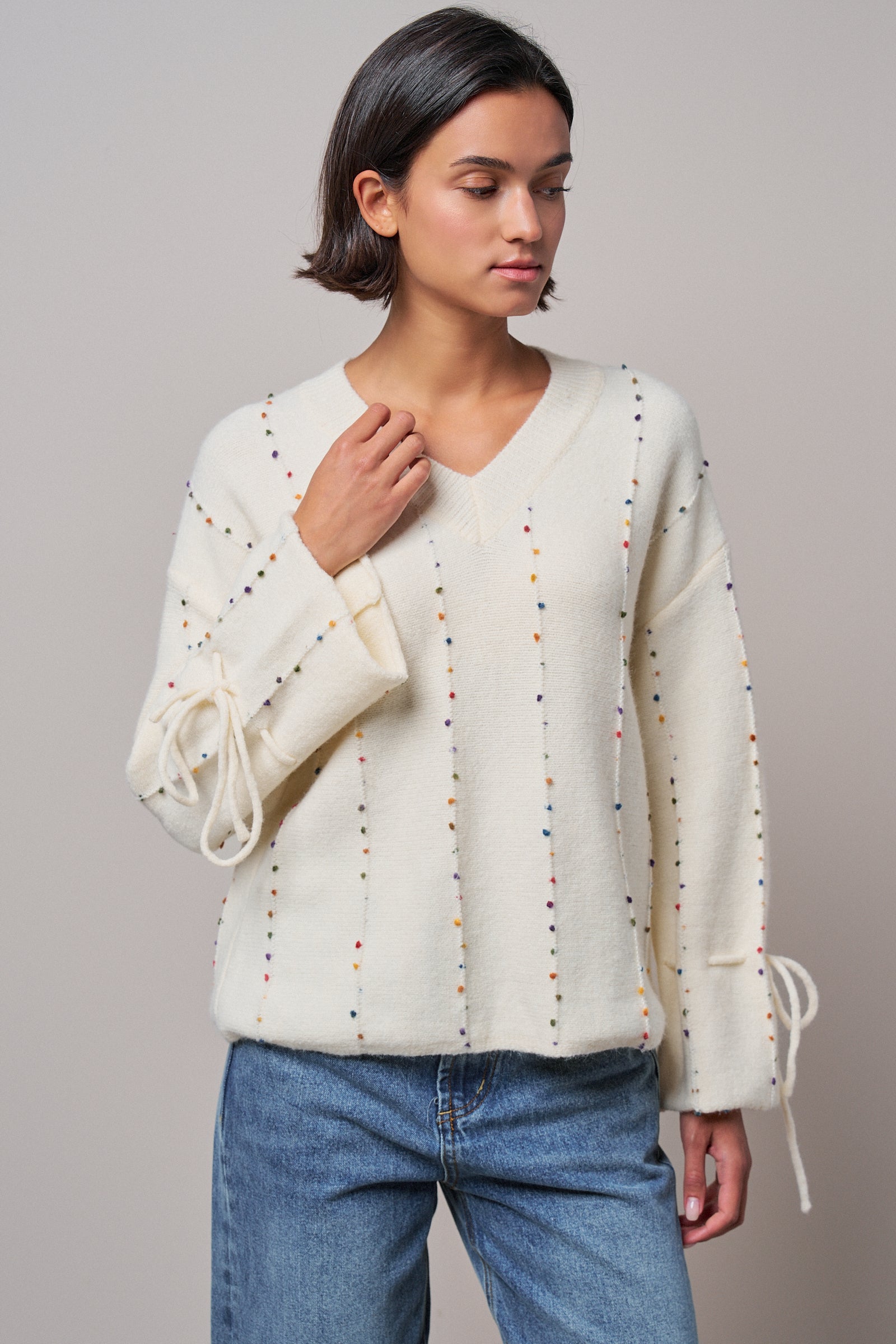 Colorful Dot Stitch V-Neck Tie Sleeve Sweater in IVORY - Women's Sweaters | Urban Daizy