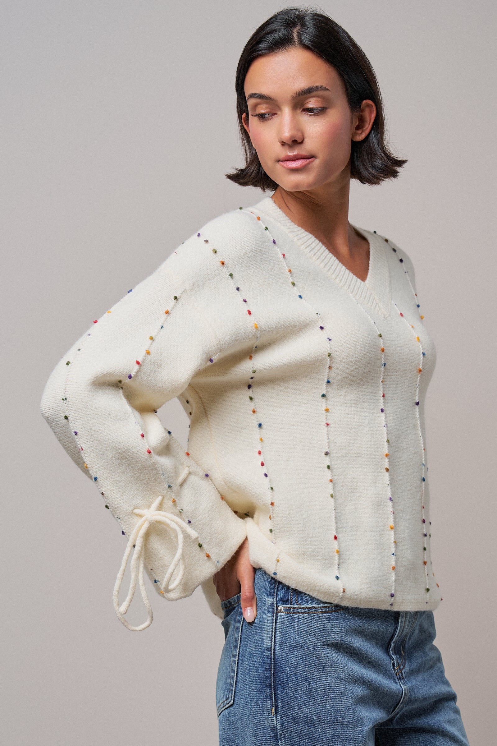 Colorful Dot Stitch V-Neck Tie Sleeve Sweater in IVORY - Women's Sweaters | Urban Daizy