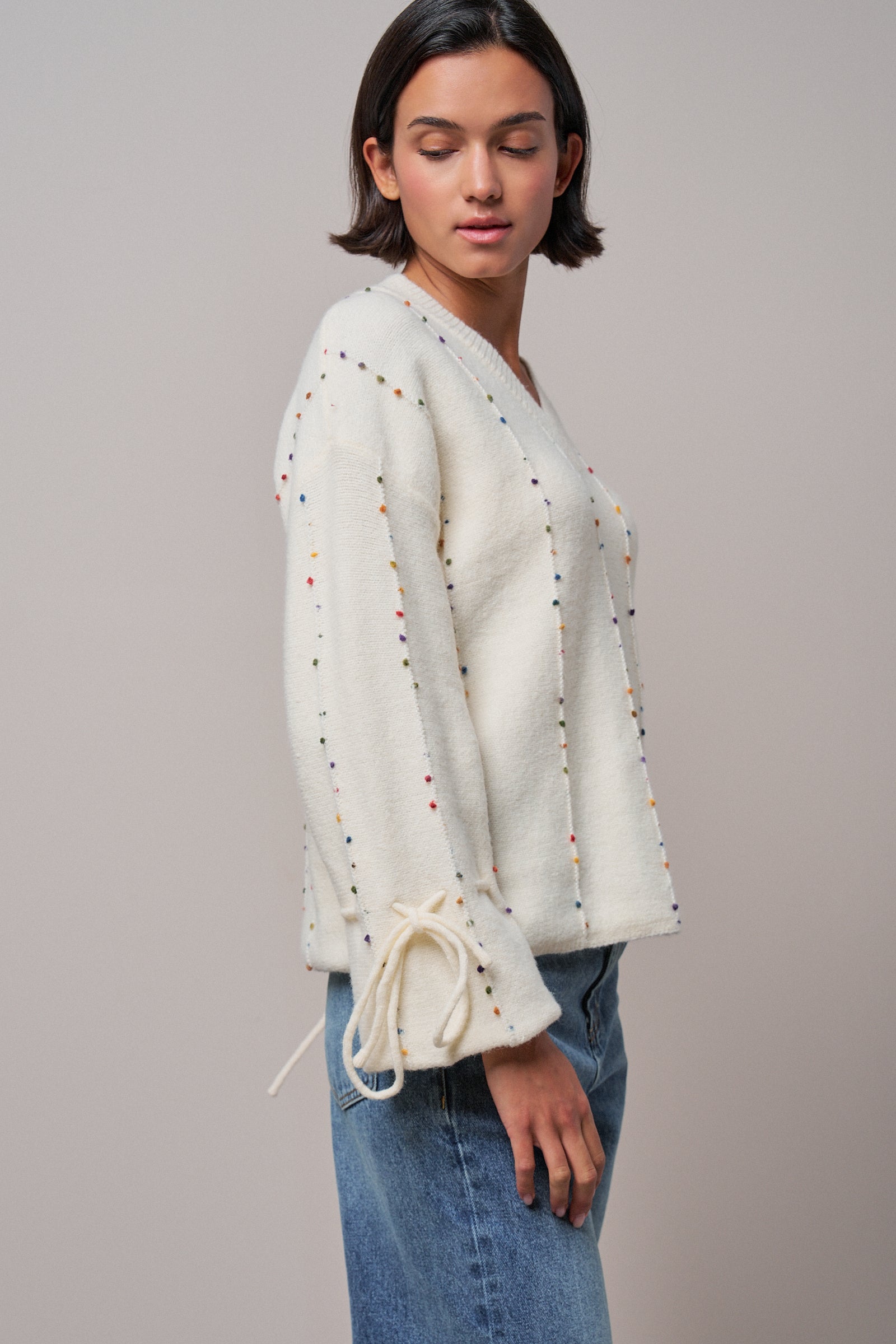 Colorful Dot Stitch V-Neck Tie Sleeve Sweater in IVORY - Women's Sweaters | Urban Daizy