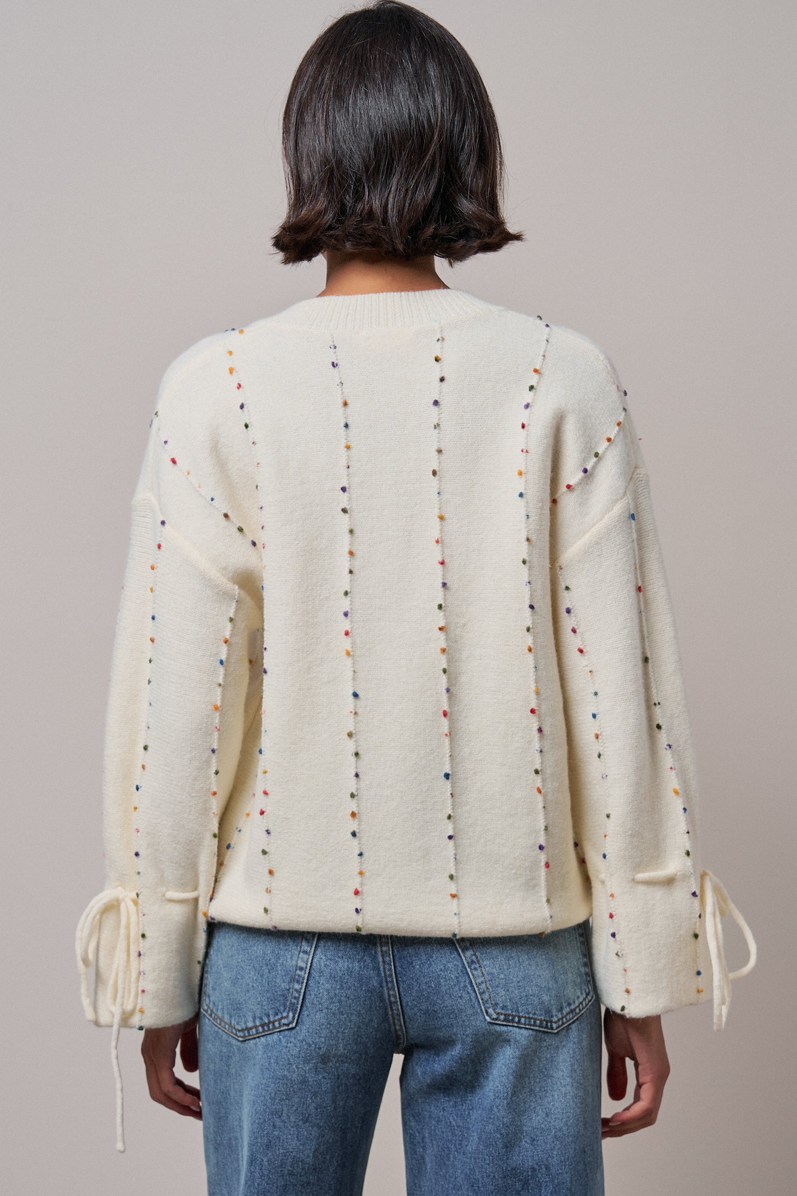 Colorful Dot Stitch V-Neck Tie Sleeve Sweater in IVORY - Women's Sweaters | Urban Daizy