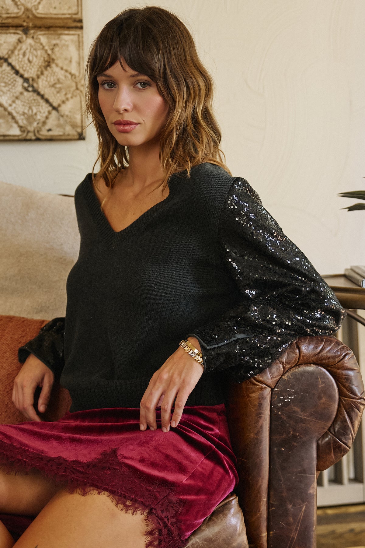 Starlit Sequin Sleeve Sweater in CHARCOAL - Women's Sweaters | Urban Daizy