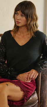 Starlit Sequin Sleeve Sweater in CHARCOAL - Women's Sweaters | Urban Daizy