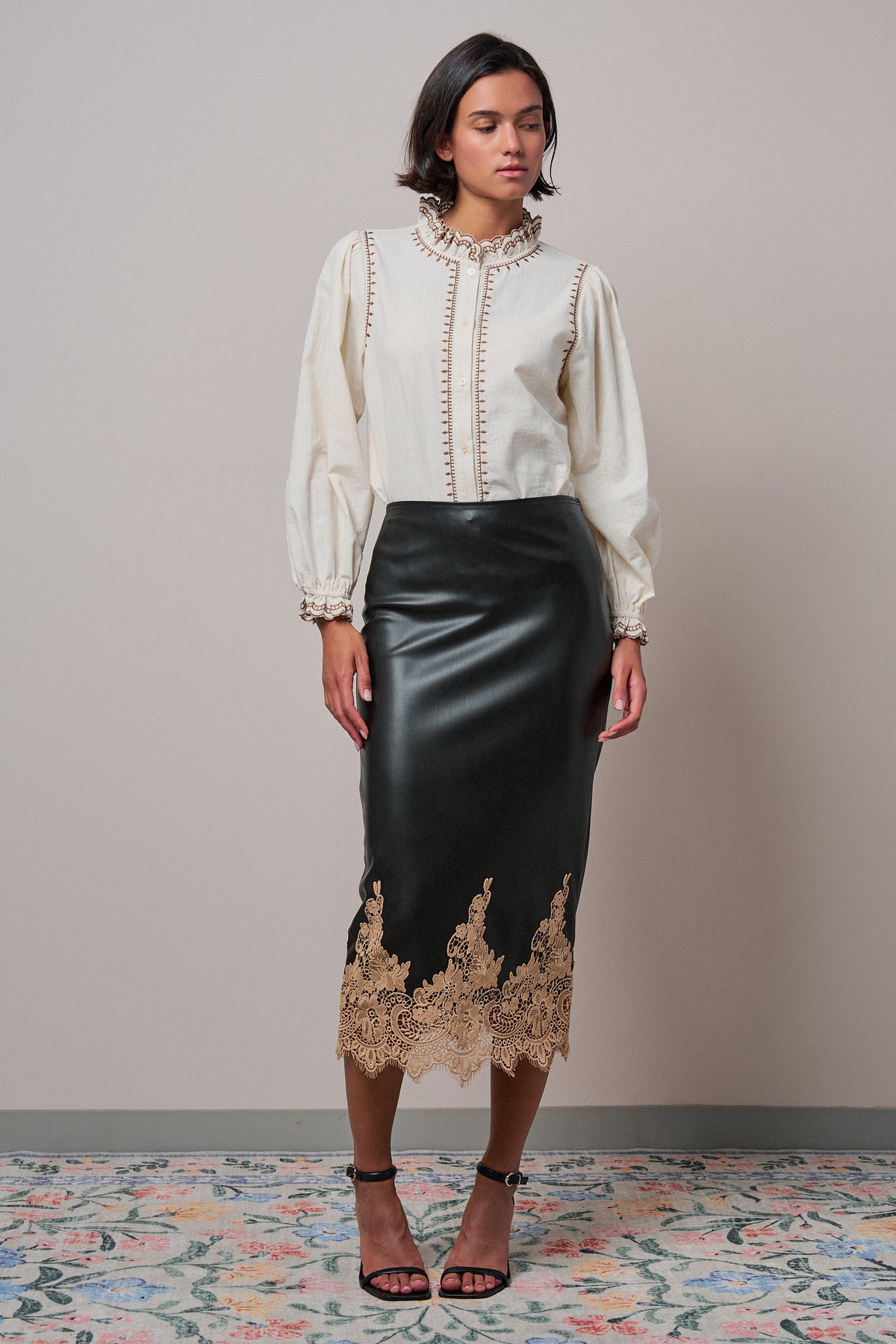 Embroidered Ruffle Neck Cotton Blouse - Women's Tops | Urban Daizy