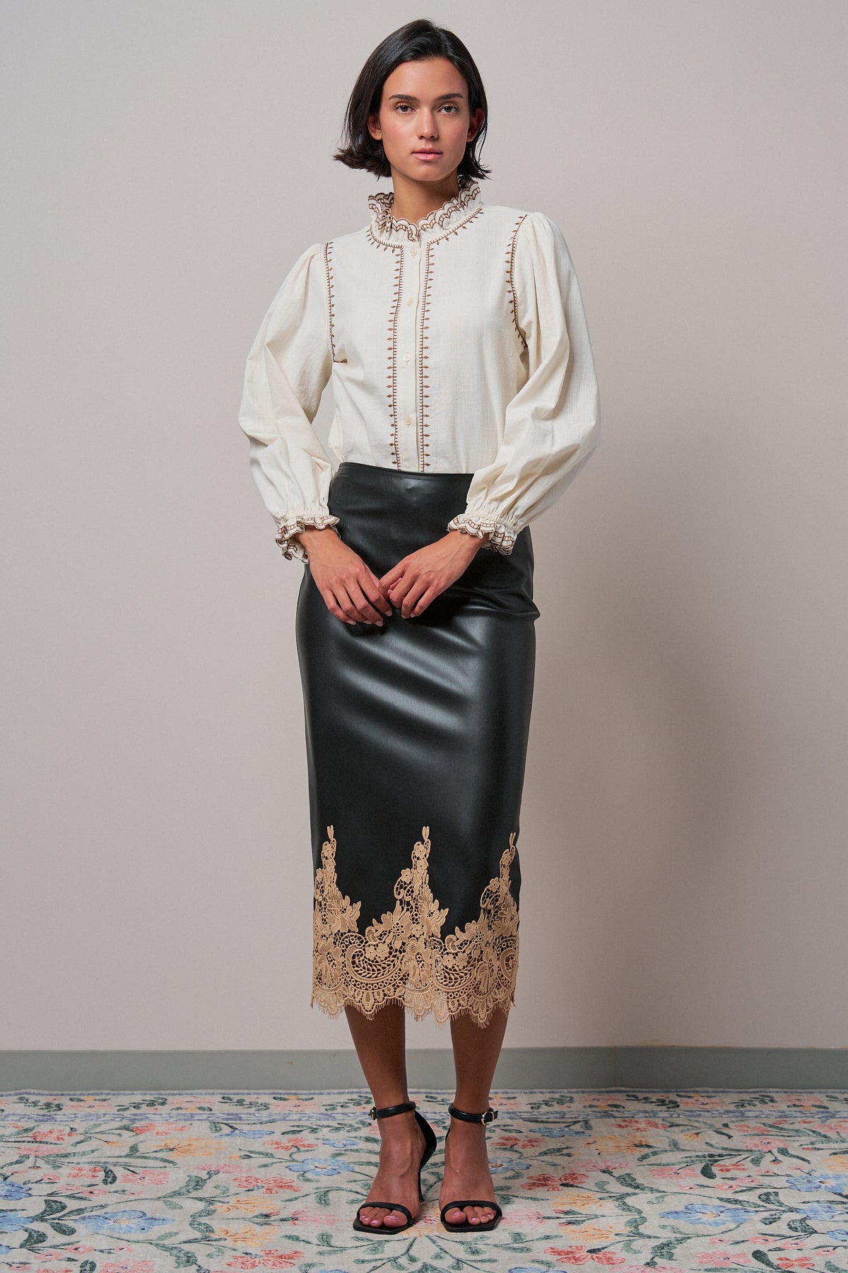 Embroidered Ruffle Neck Cotton Blouse - Women's Tops | Urban Daizy