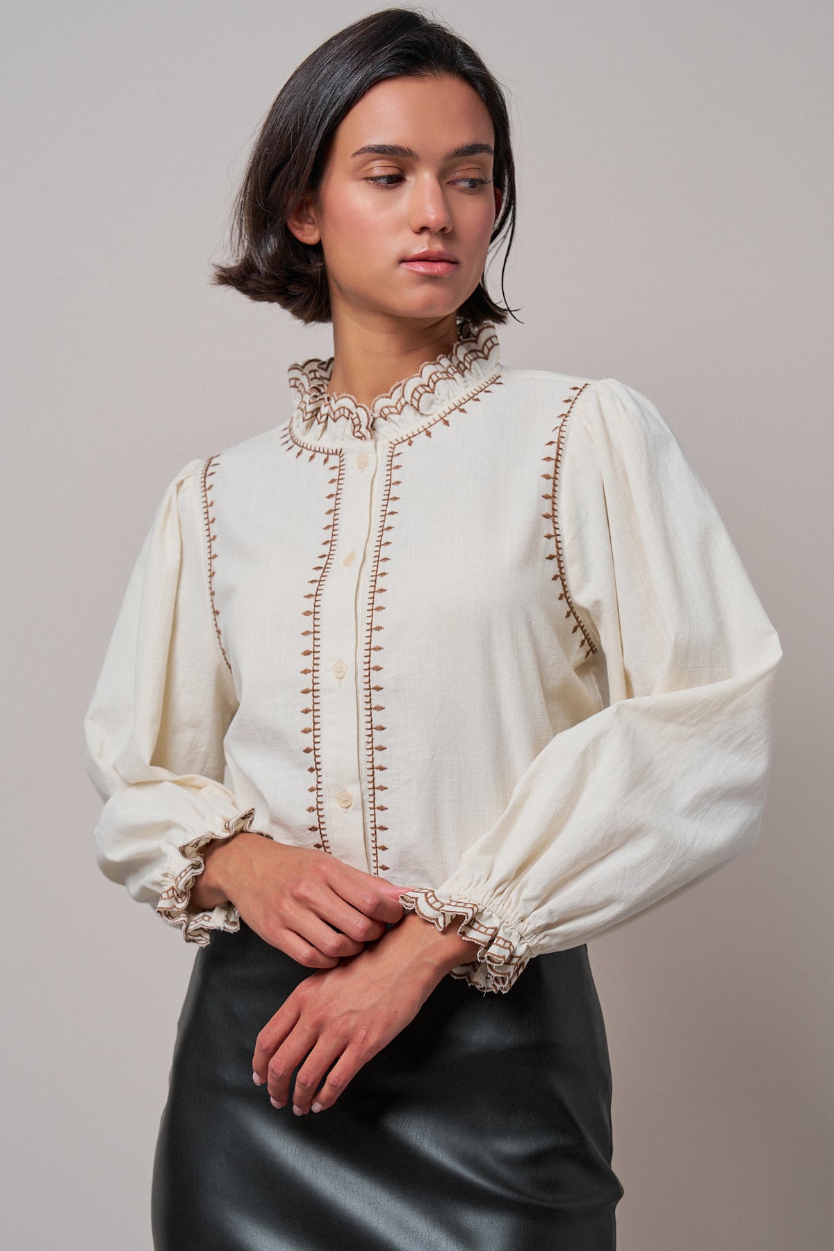 Embroidered Ruffle Neck Cotton Blouse in IVORY - Women's Tops | Urban Daizy