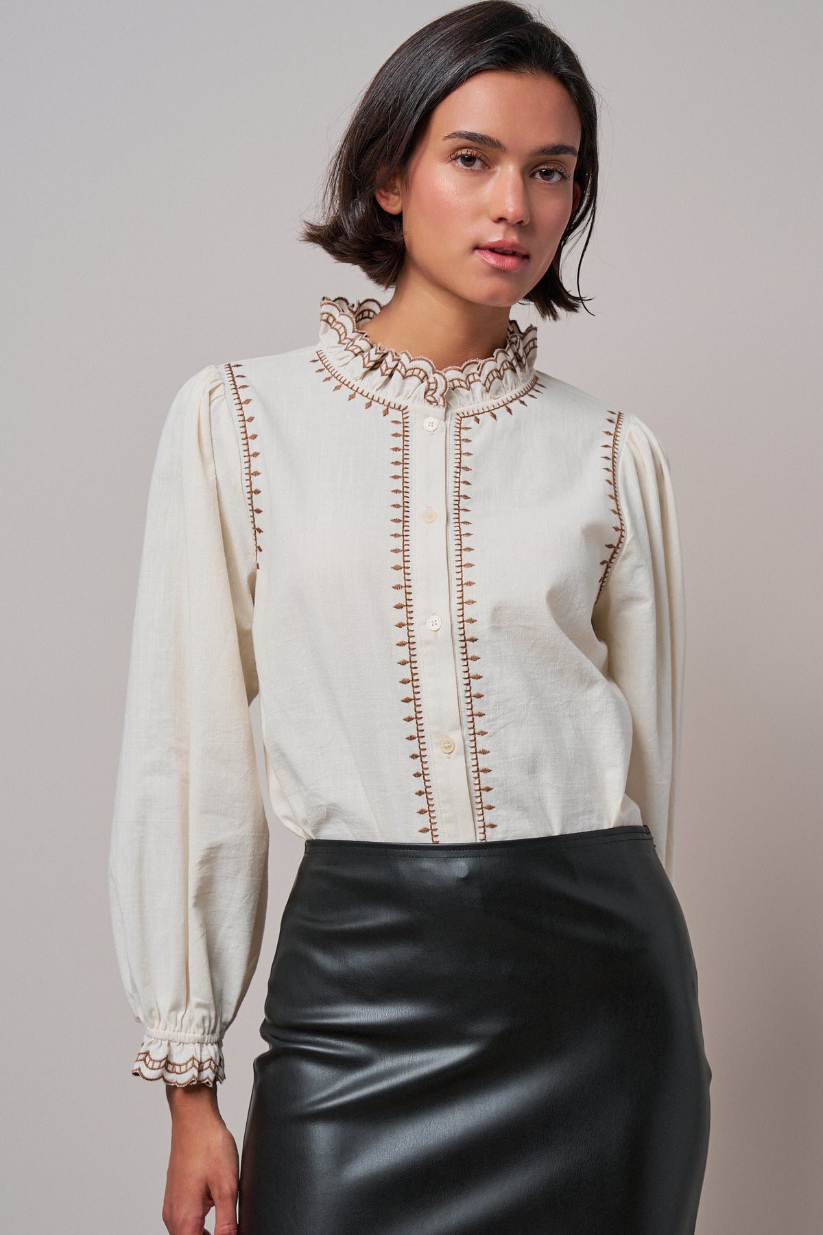 Embroidered Ruffle Neck Cotton Blouse in IVORY - Women's Tops | Urban Daizy