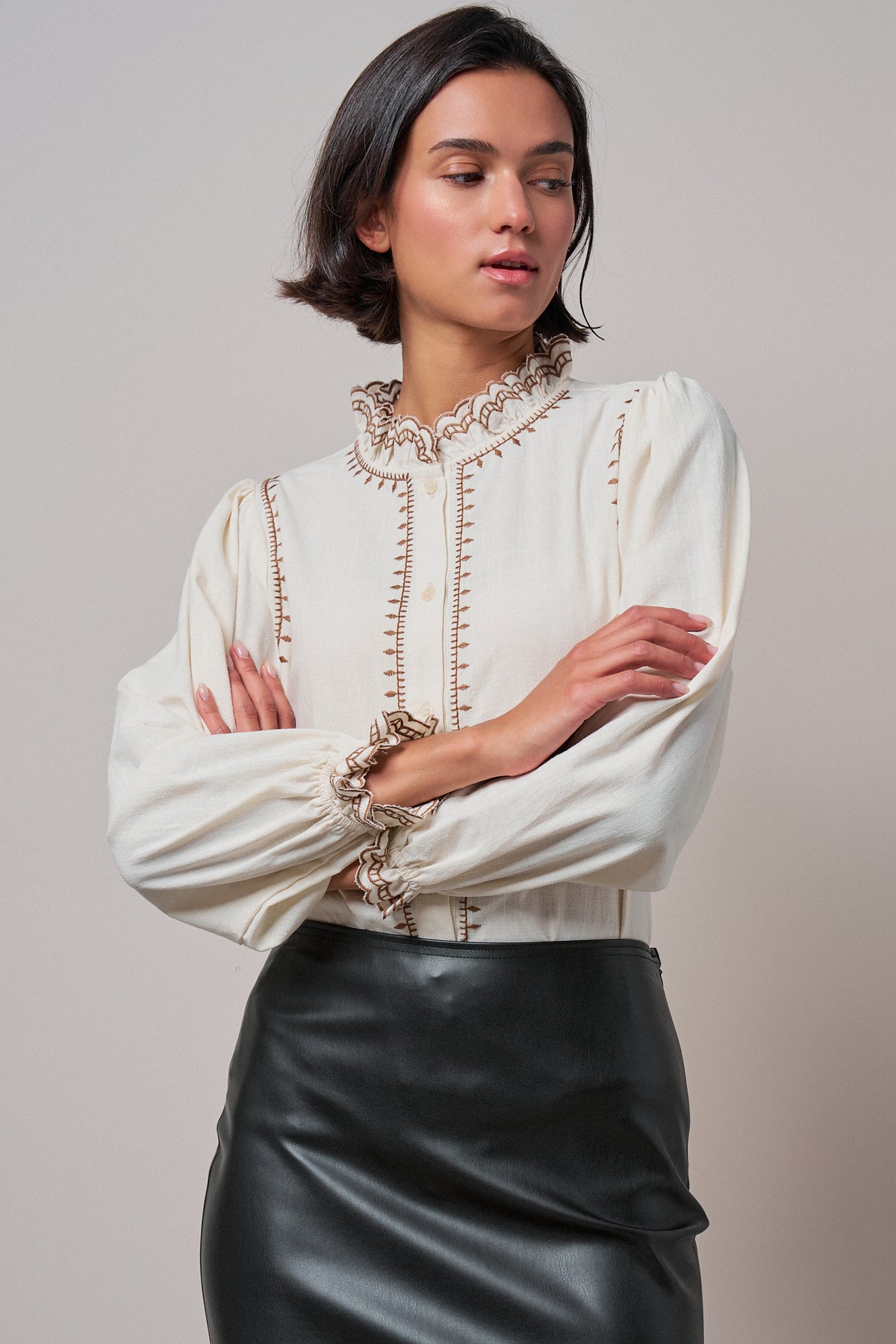 Embroidered Ruffle Neck Cotton Blouse - Women's Tops | Urban Daizy