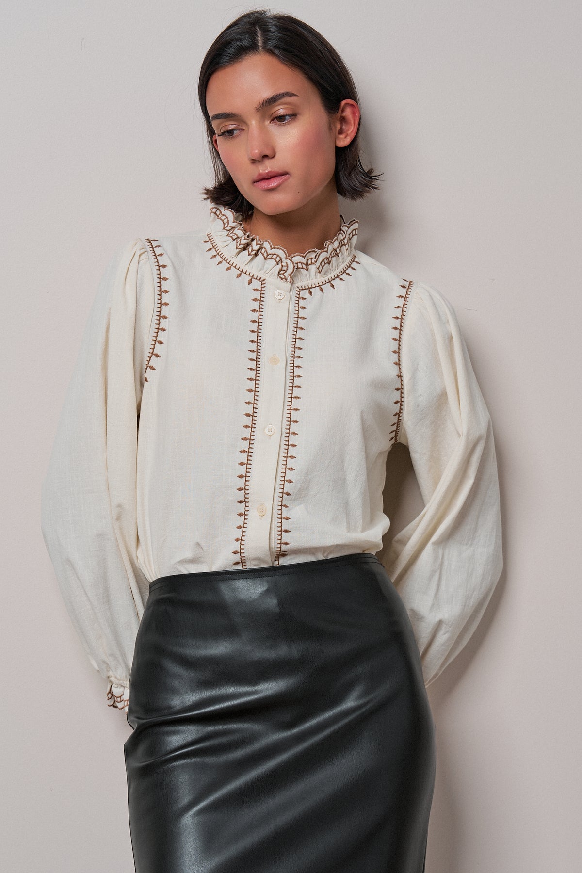Embroidered Ruffle Neck Cotton Blouse - Women's Tops | Urban Daizy