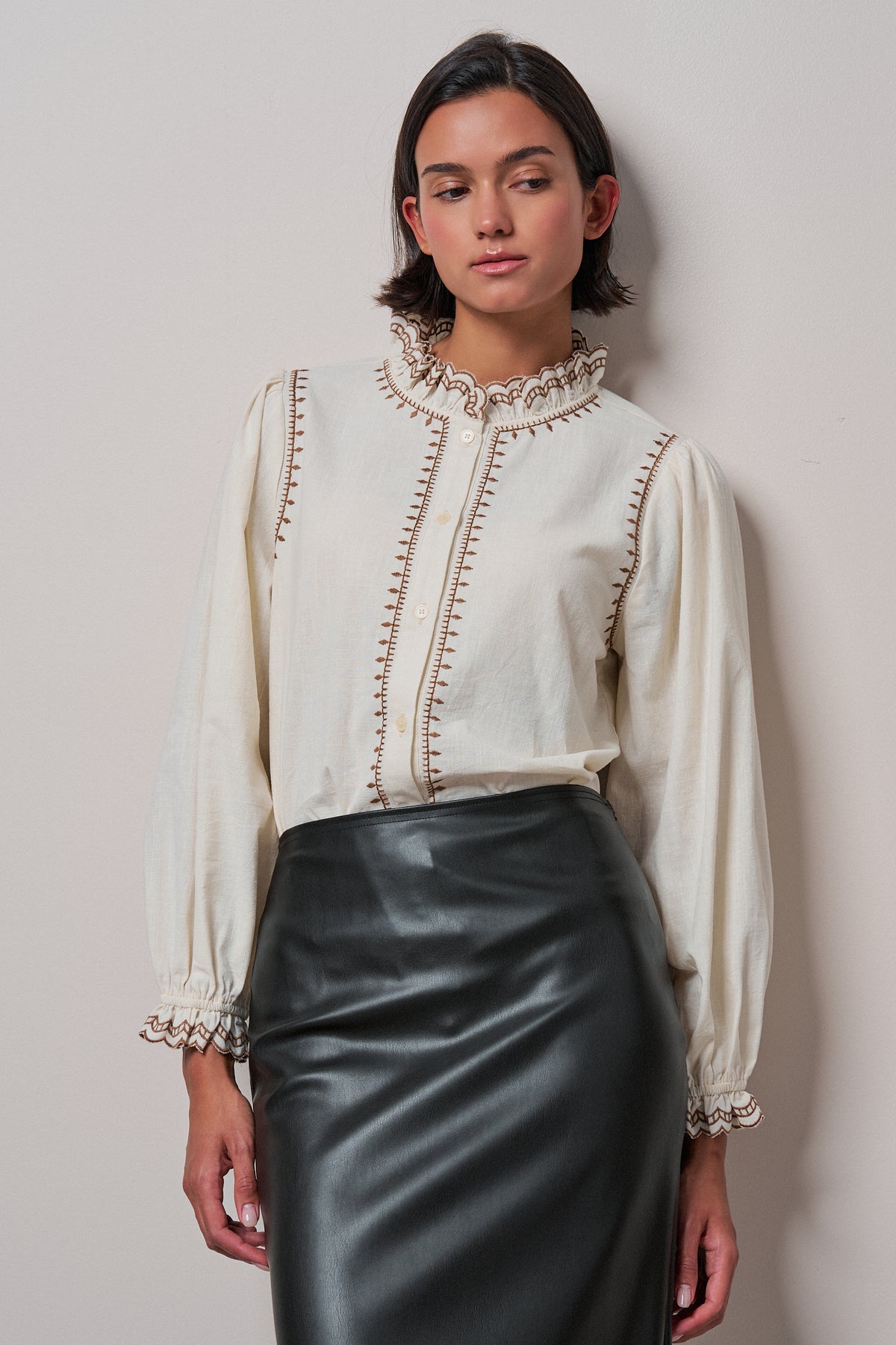 Embroidered Ruffle Neck Cotton Blouse - Women's Tops | Urban Daizy