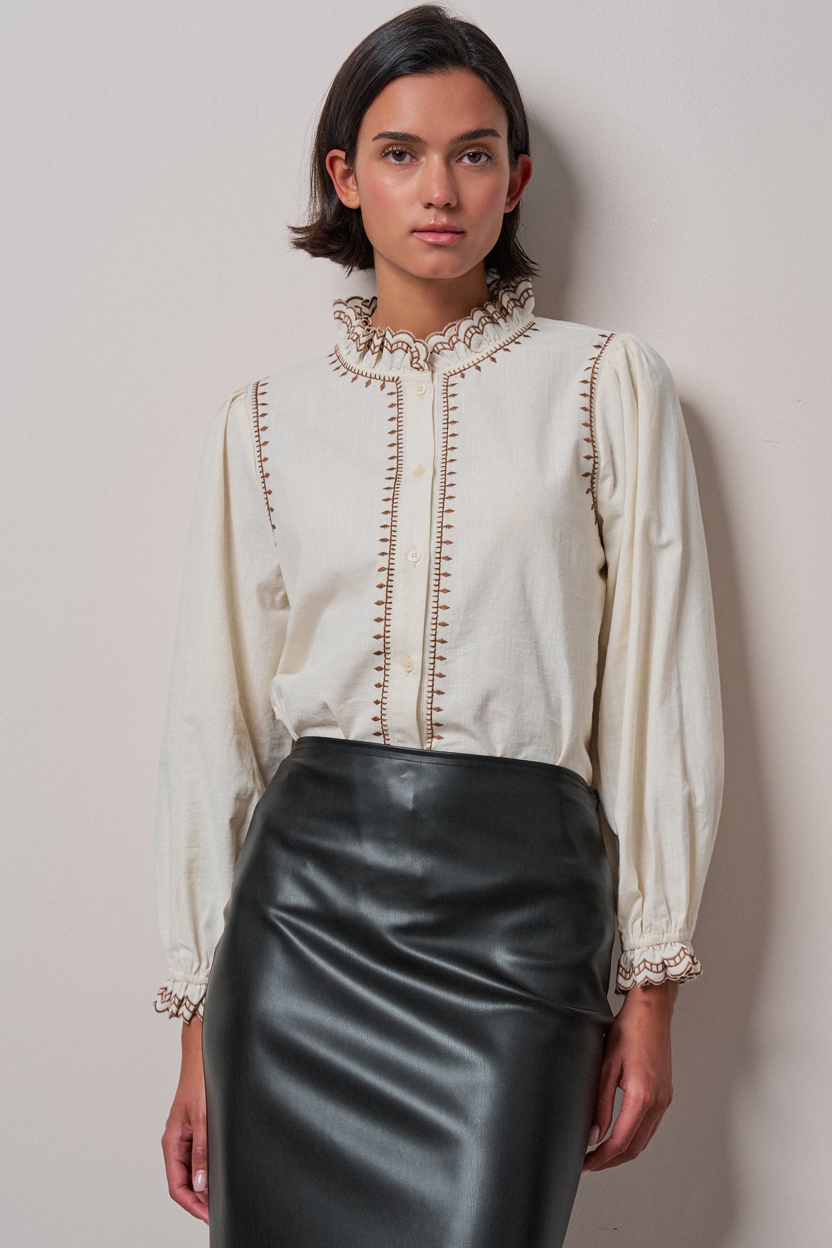 Embroidered Ruffle Neck Cotton Blouse in IVORY - Women's Tops | Urban Daizy