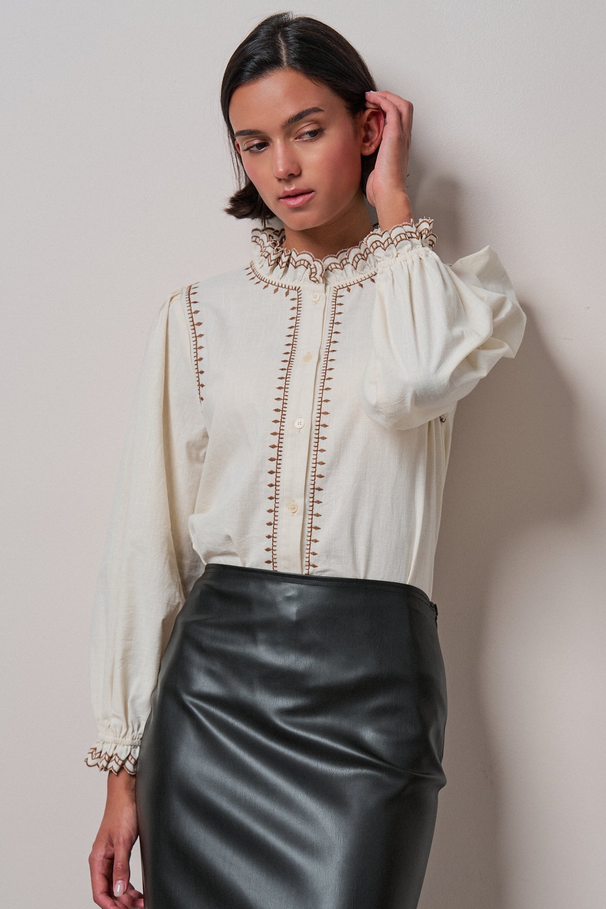 Embroidered Ruffle Neck Cotton Blouse in IVORY - Women's Tops | Urban Daizy