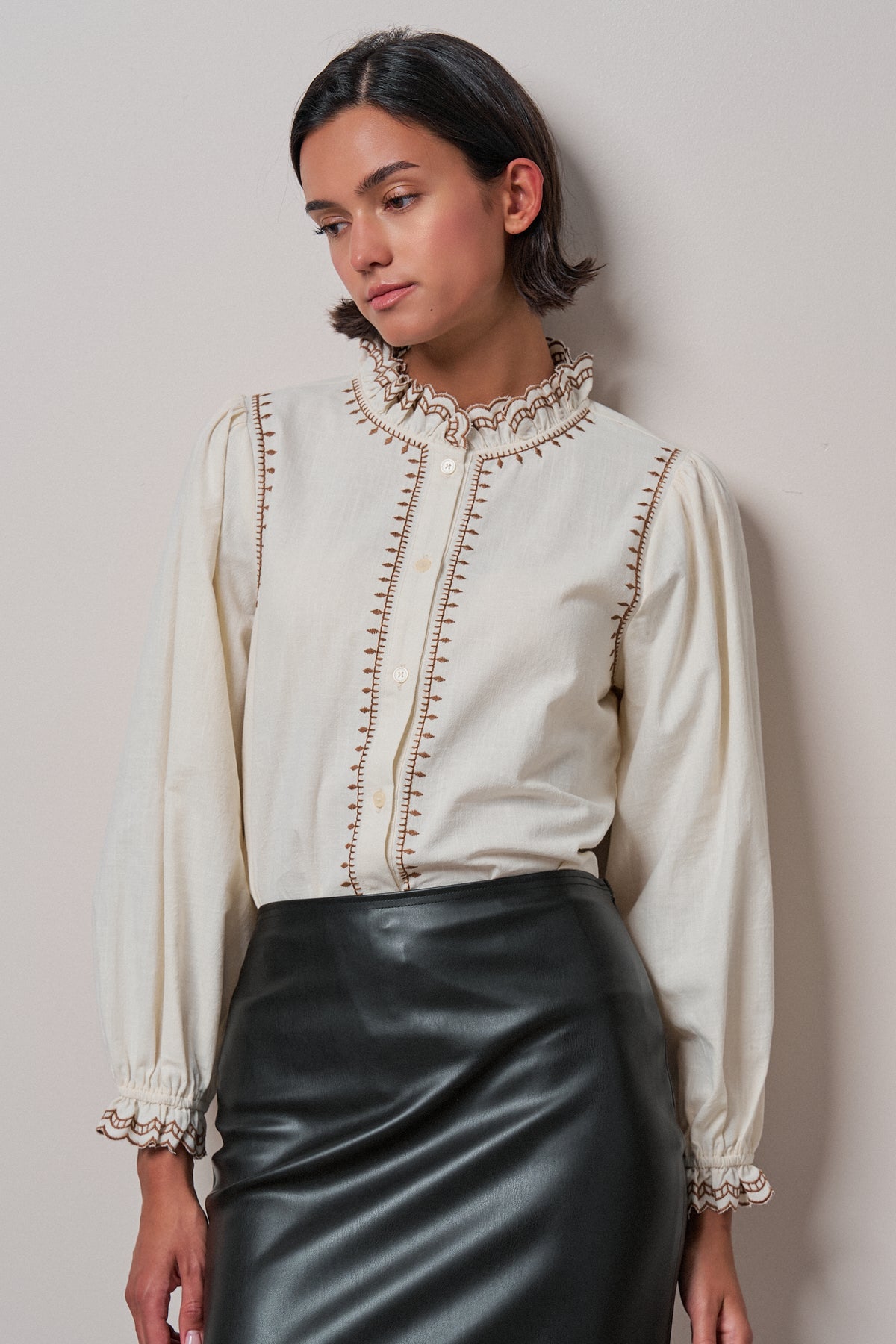 Embroidered Ruffle Neck Cotton Blouse in IVORY - Women's Tops | Urban Daizy