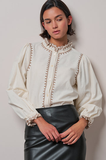 Embroidered Ruffle Neck Cotton Blouse