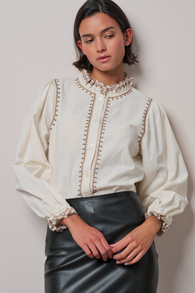 Embroidered Ruffle Neck Cotton Blouse