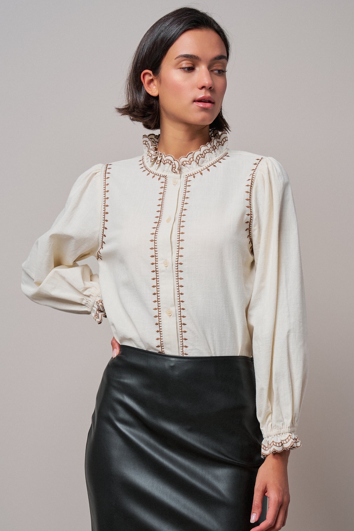 Embroidered Ruffle Neck Cotton Blouse in IVORY - Women's Tops | Urban Daizy