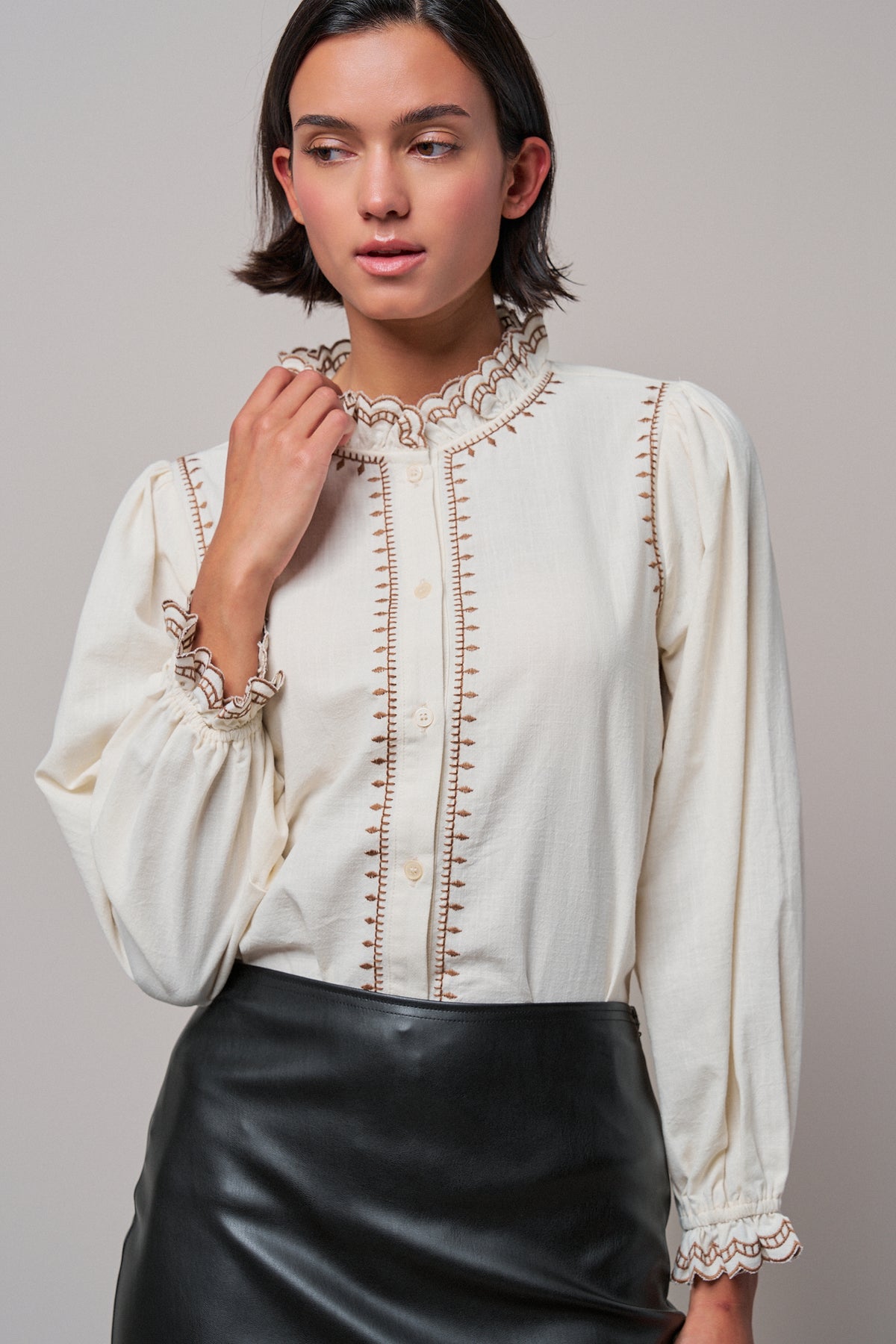 Embroidered Ruffle Neck Cotton Blouse in IVORY - Women's Tops | Urban Daizy