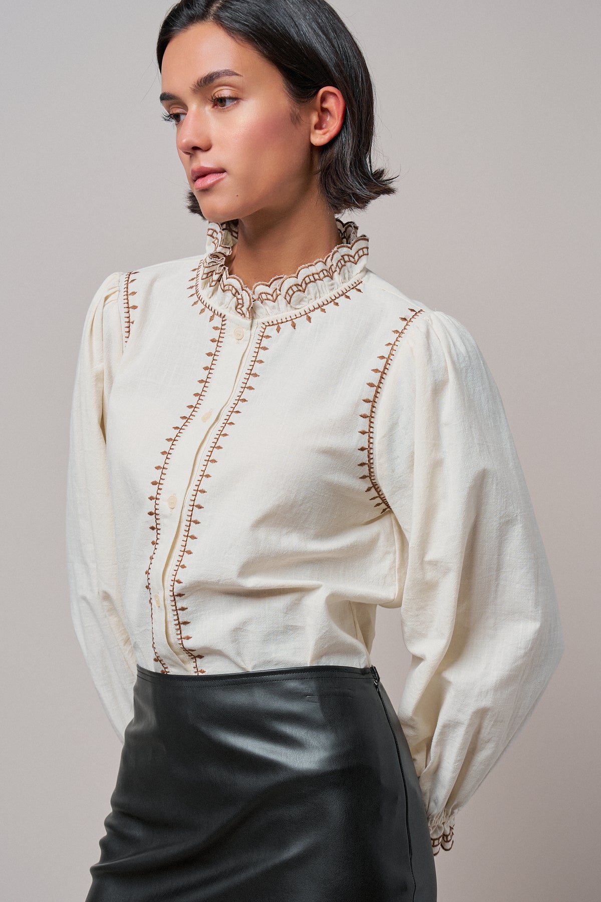 Embroidered Ruffle Neck Cotton Blouse in IVORY - Women's Tops | Urban Daizy