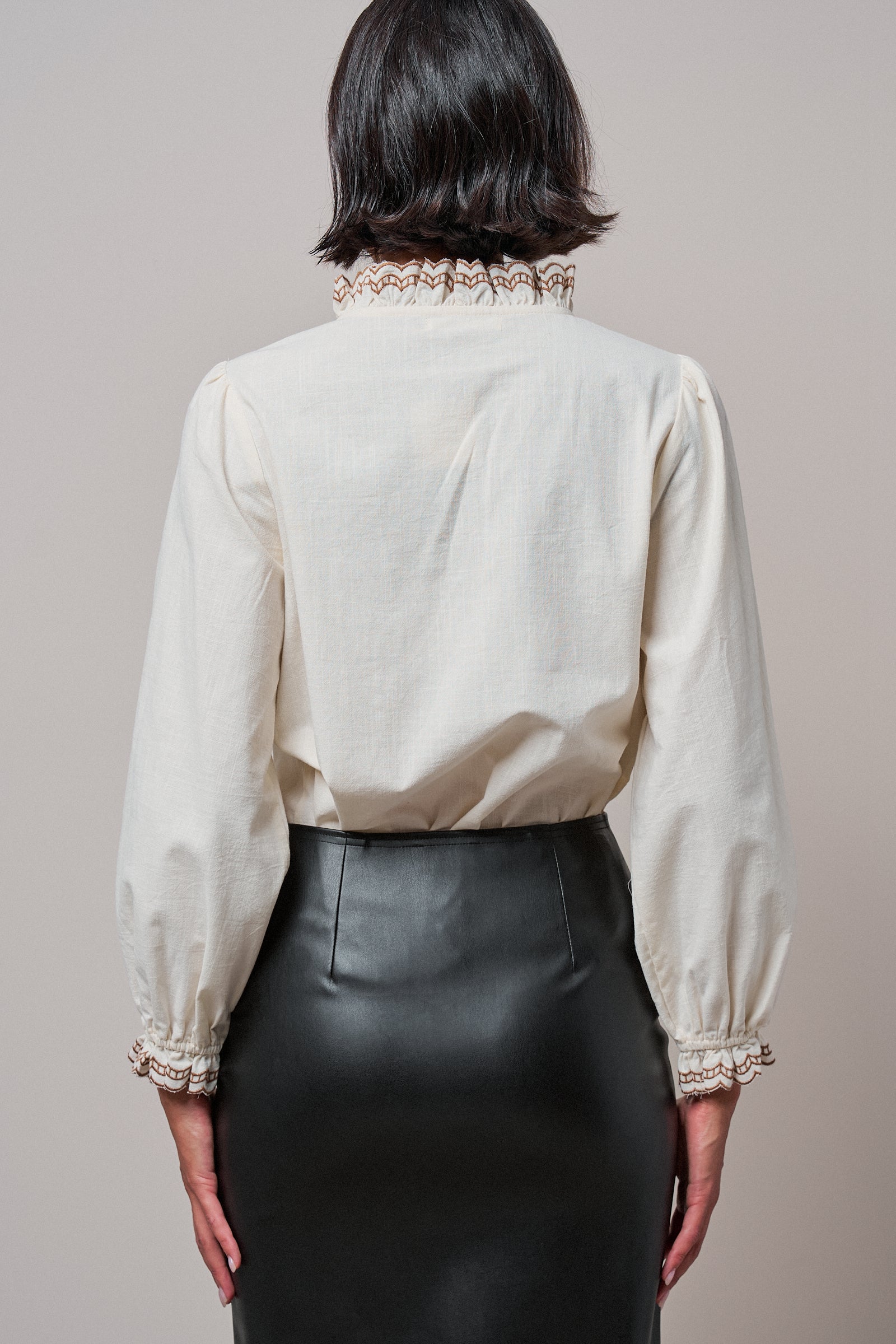 Embroidered Ruffle Neck Cotton Blouse in IVORY - Women's Tops | Urban Daizy