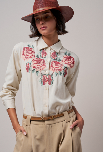 Cross-Stitch Floral Embroidered Button-Down Blouse