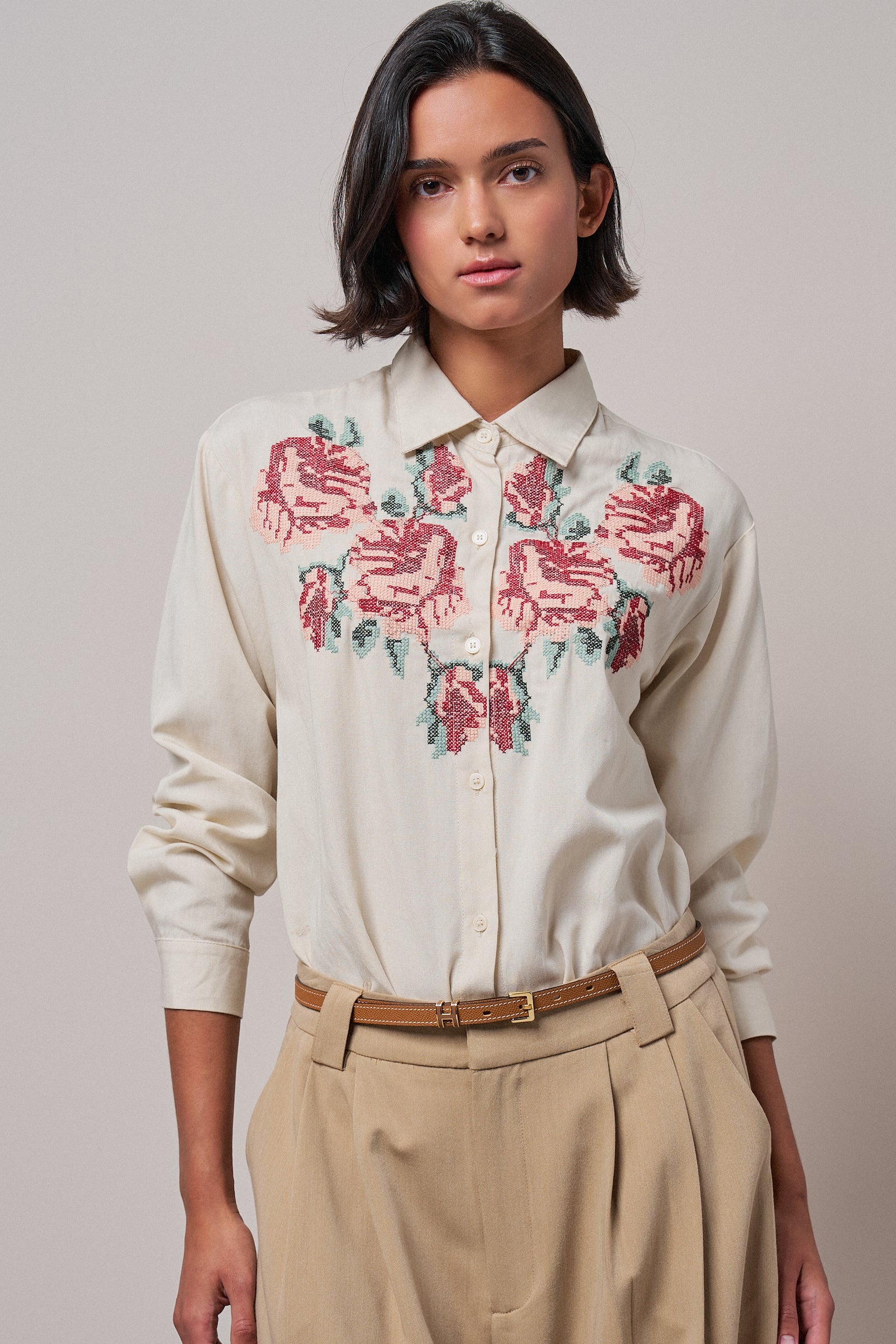 Cross-Stitch Floral Embroidered Button-Down Blouse - Women's Tops | Urban Daizy