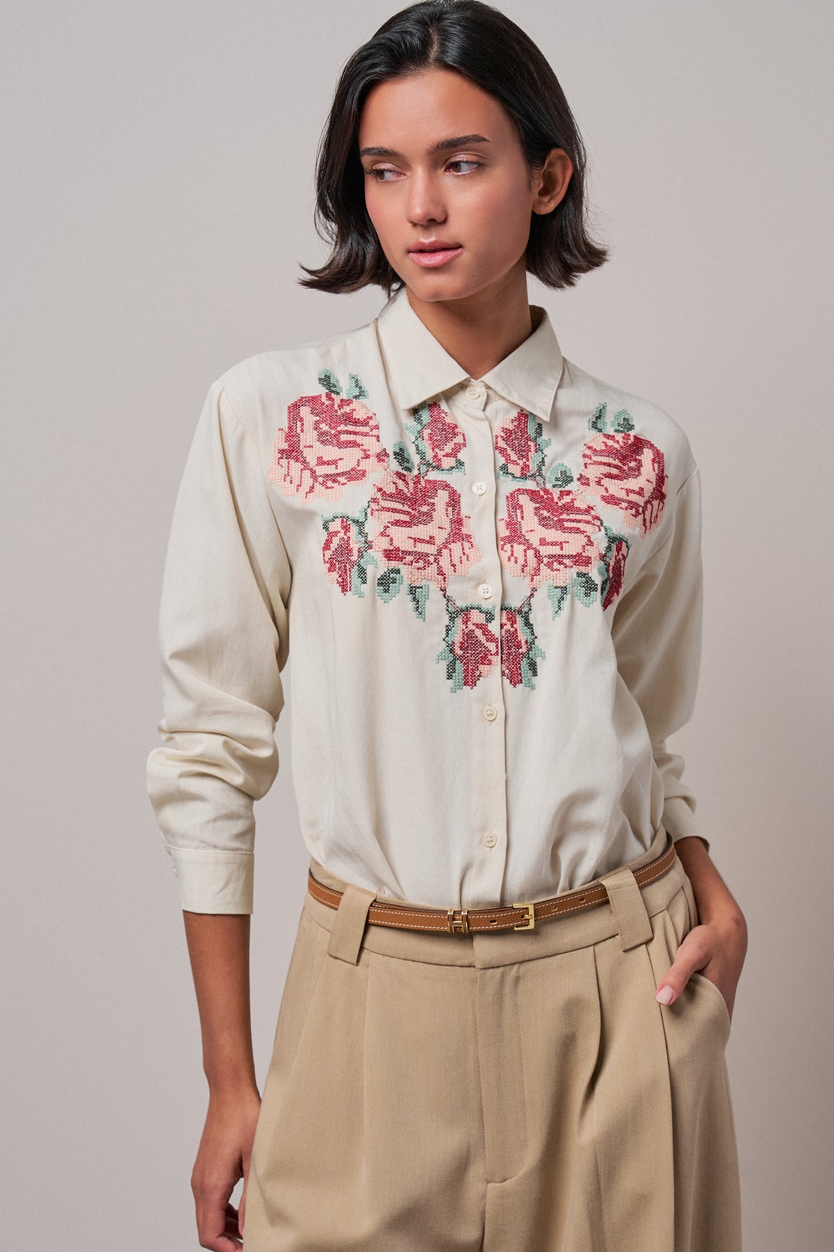 Cross-Stitch Floral Embroidered Button-Down Blouse - Women's Tops | Urban Daizy