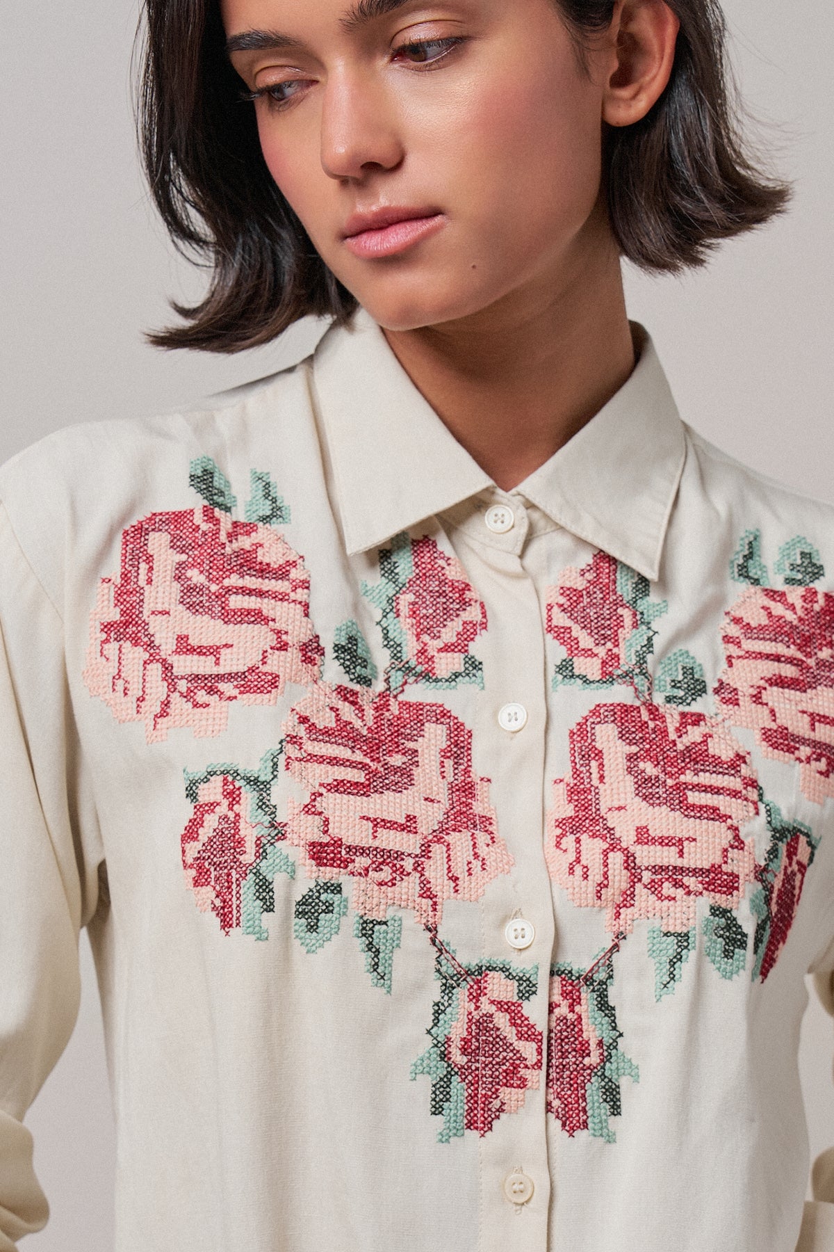 Cross-Stitch Floral Embroidered Button-Down Blouse - Women's Tops | Urban Daizy