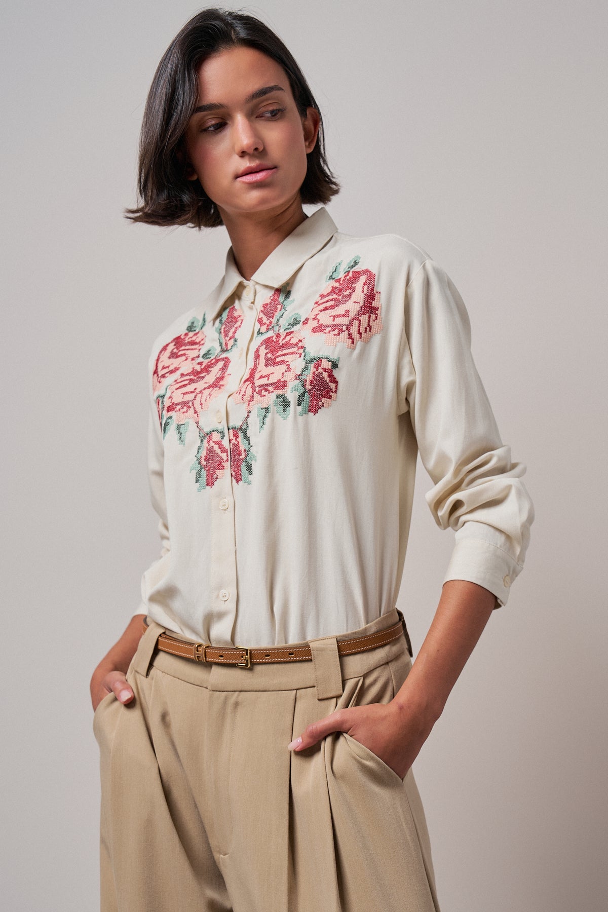 Cross-Stitch Floral Embroidered Button-Down Blouse - Women's Tops | Urban Daizy
