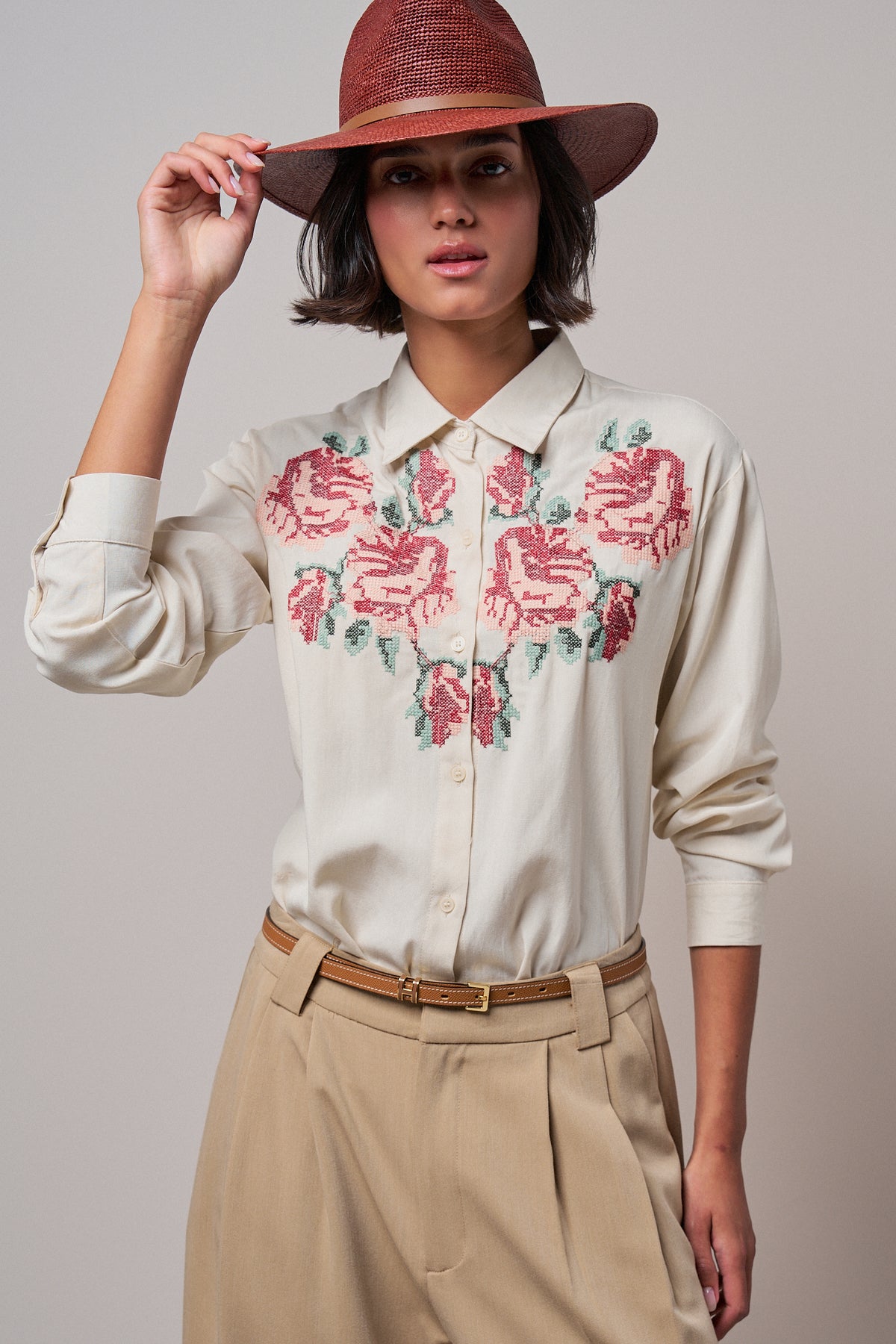 Cross-Stitch Floral Embroidered Button-Down Blouse - Women's Tops | Urban Daizy