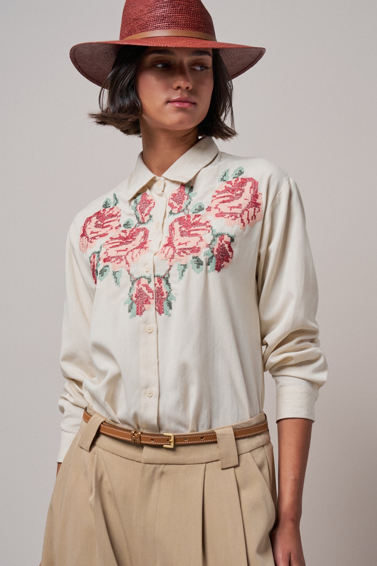 Cross-Stitch Floral Embroidered Button-Down Blouse - Women's Tops | Urban Daizy