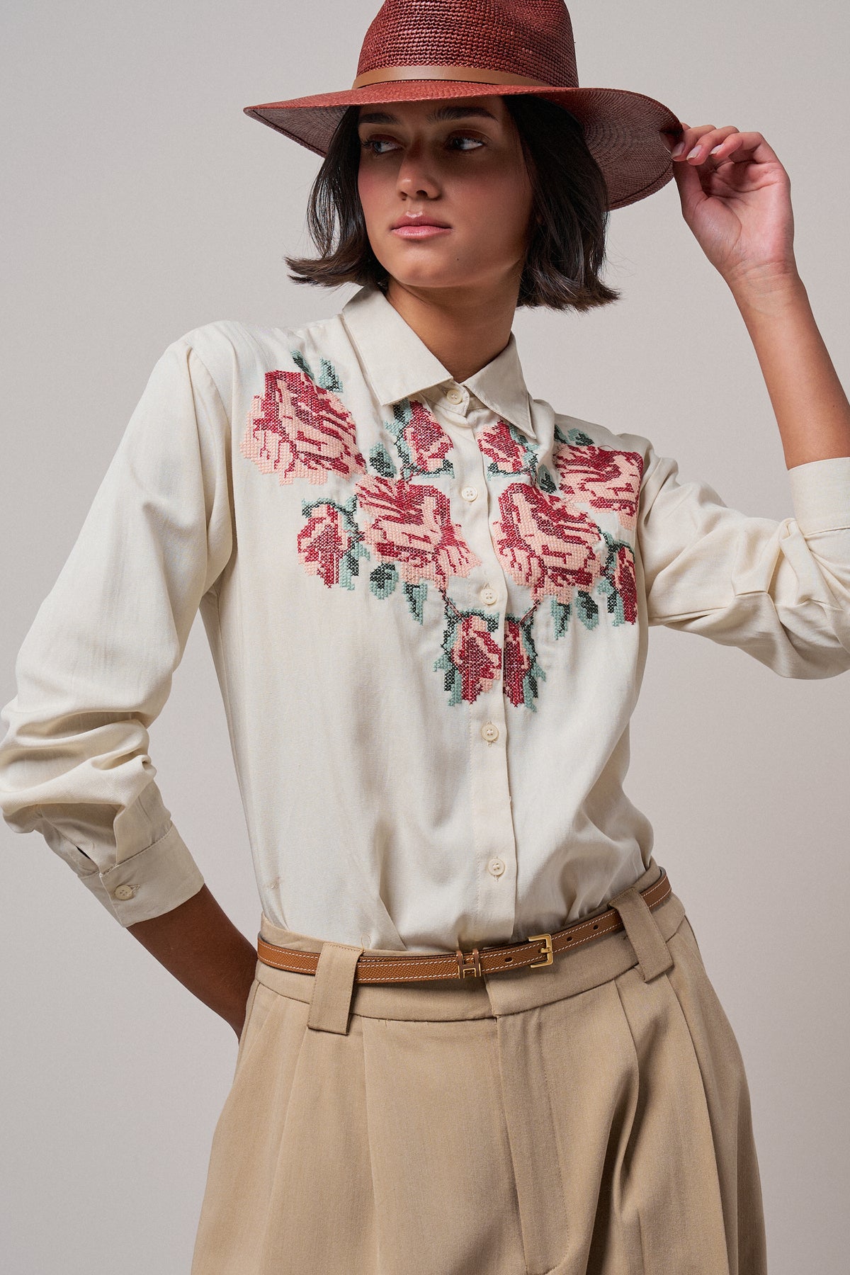 Cross-Stitch Floral Embroidered Button-Down Blouse - Women's Tops | Urban Daizy