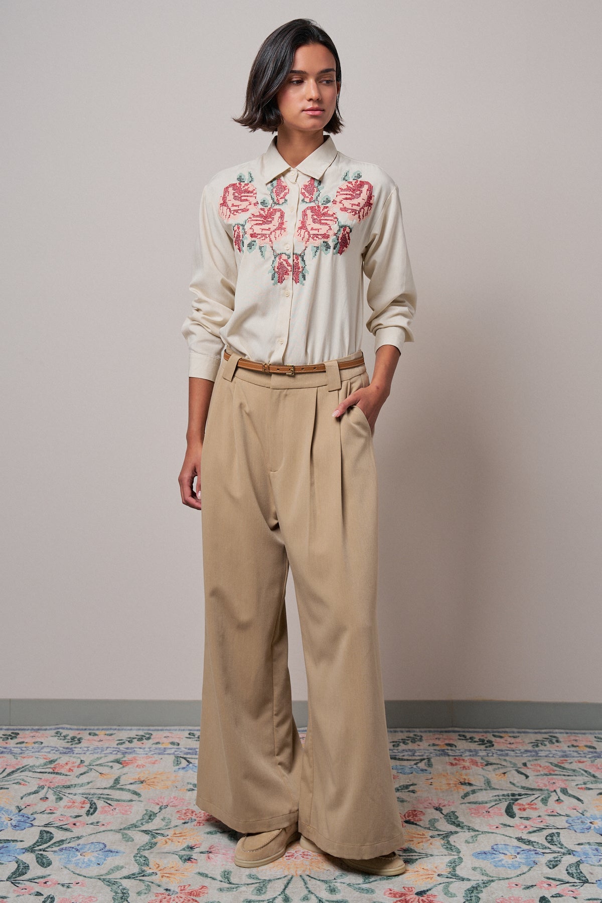 Cross-Stitch Floral Embroidered Button-Down Blouse - Women's Tops | Urban Daizy