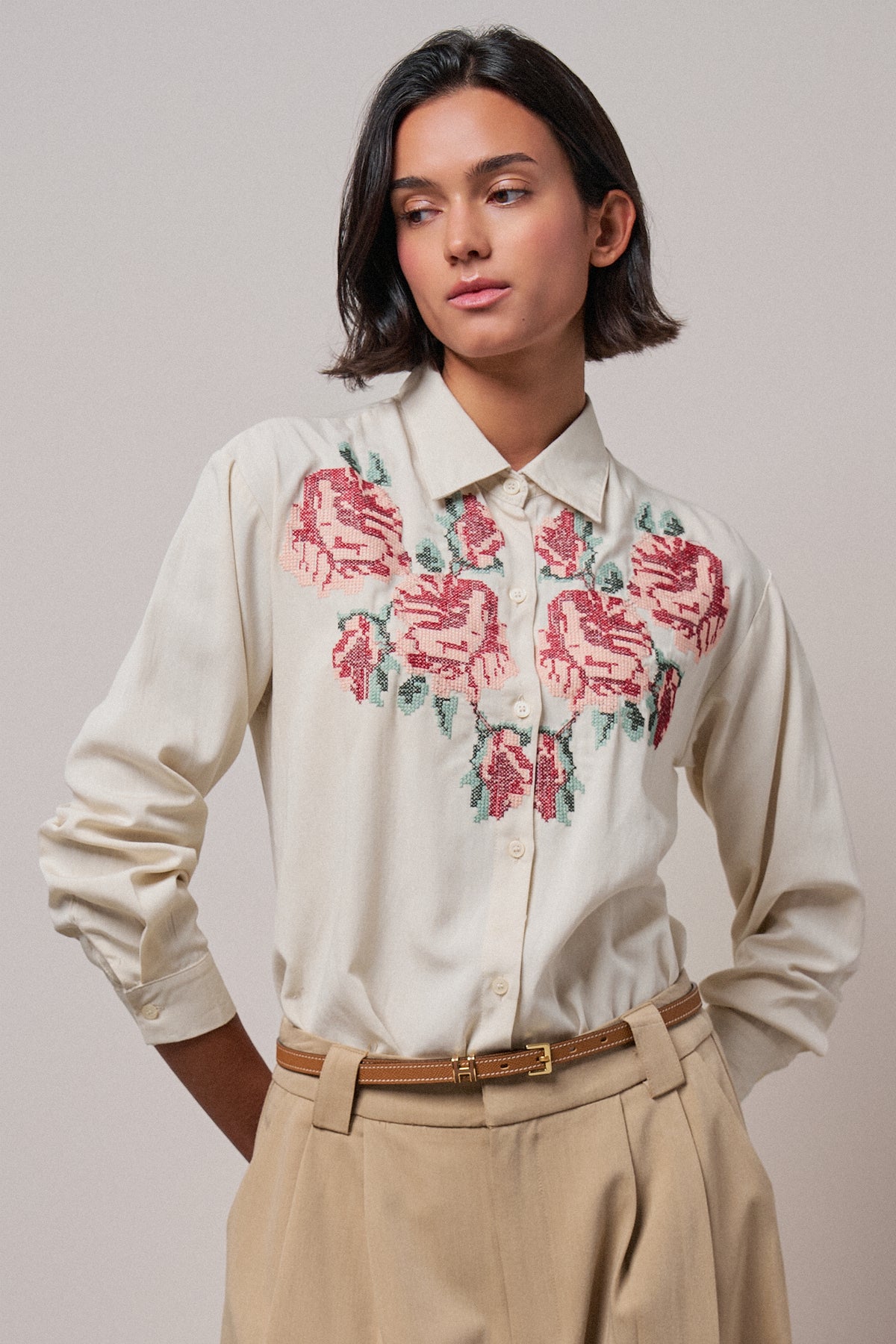 Cross-Stitch Floral Embroidered Button-Down Blouse - Women's Tops | Urban Daizy