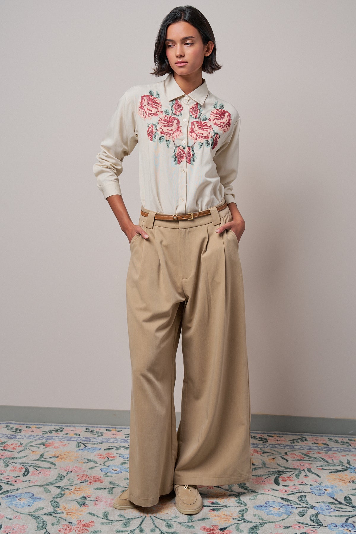 Cross-Stitch Floral Embroidered Button-Down Blouse - Women's Tops | Urban Daizy