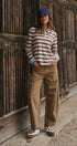 Striped Long Sleeve Polo with Knit Band Collar in IVORY BROWN - Women's TOPS | Urban Daizy