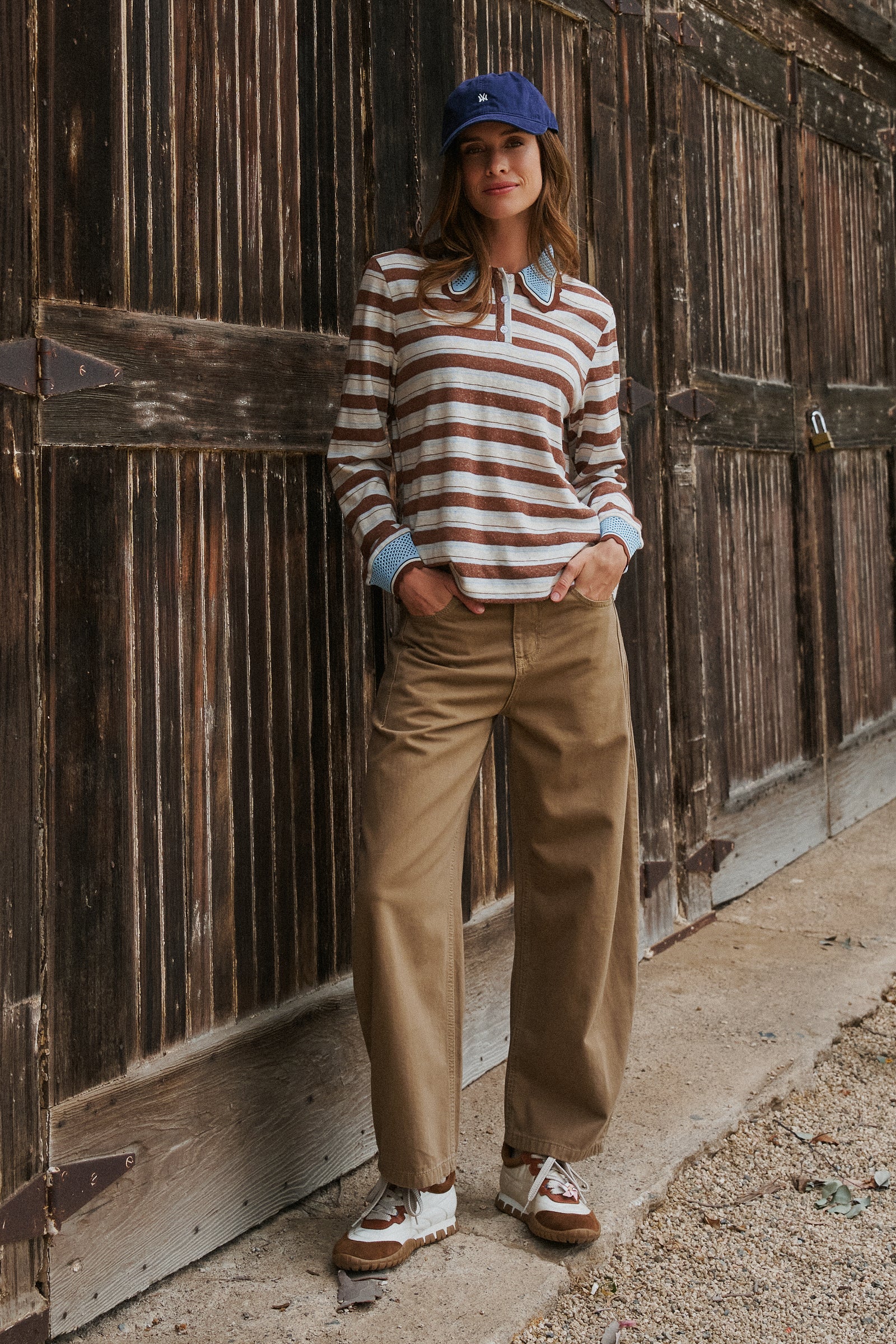 Striped Long Sleeve Polo with Knit Band Collar in IVORY BROWN - Women's TOPS | Urban Daizy