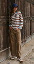 Striped Long Sleeve Polo with Knit Band Collar in IVORY BROWN - Women's TOPS | Urban Daizy