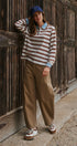 Striped Long Sleeve Polo with Knit Band Collar in IVORY BROWN - Women's TOPS | Urban Daizy