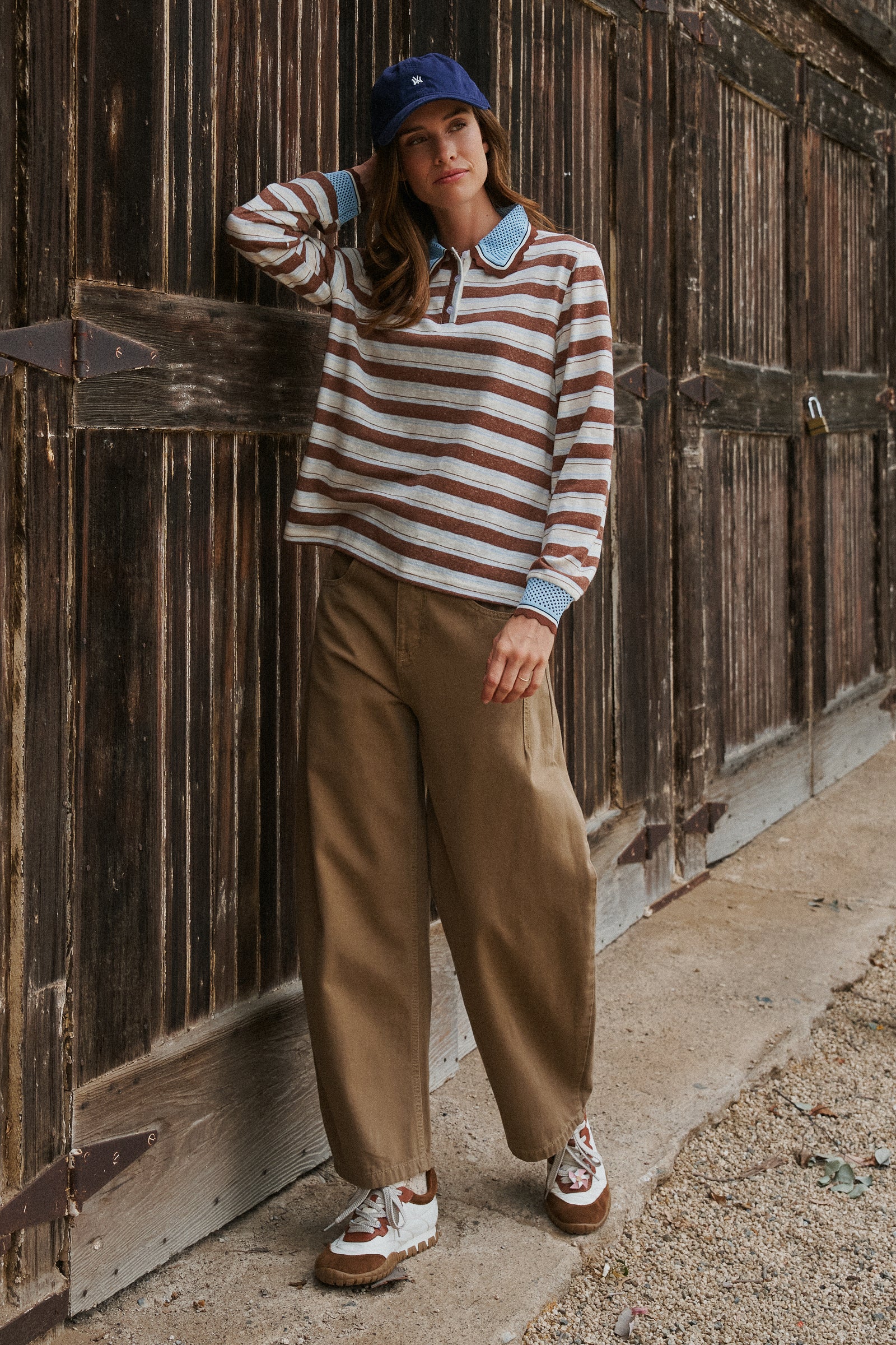 Striped Long Sleeve Polo with Knit Band Collar in IVORY BROWN - Women's TOPS | Urban Daizy