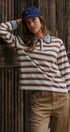 Striped Long Sleeve Polo with Knit Band Collar in IVORY BROWN - Women's TOPS | Urban Daizy